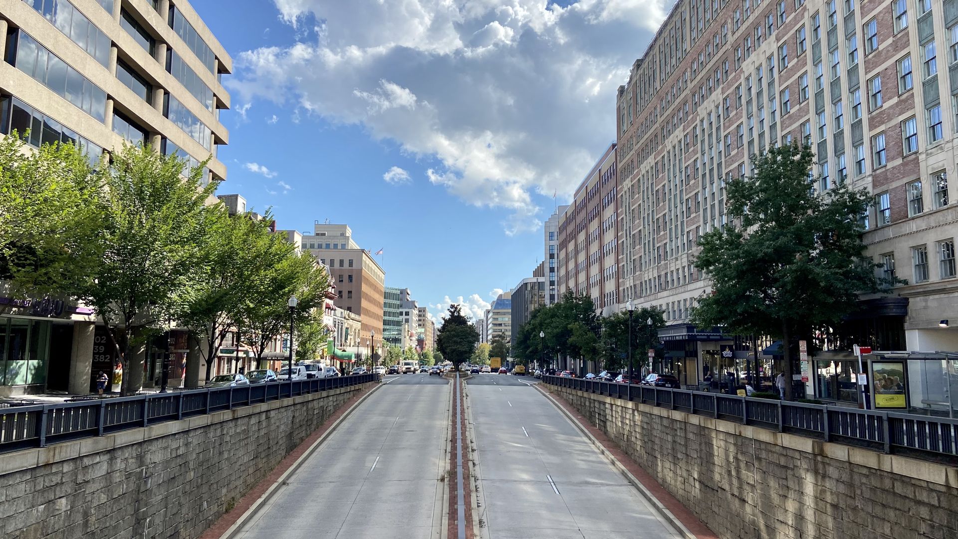 A view of an empty Connecticut Avenue NW south of Dupont Circle