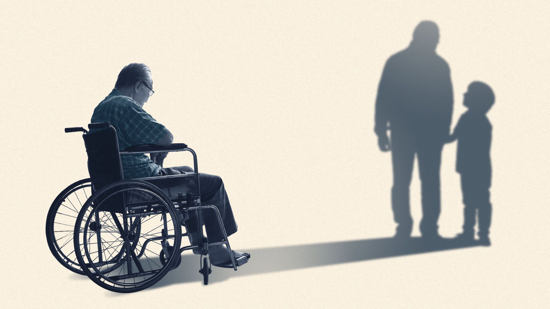 Illustration of an elderly man in a wheelchair facing a shadow of himself and his grandchild holding hands