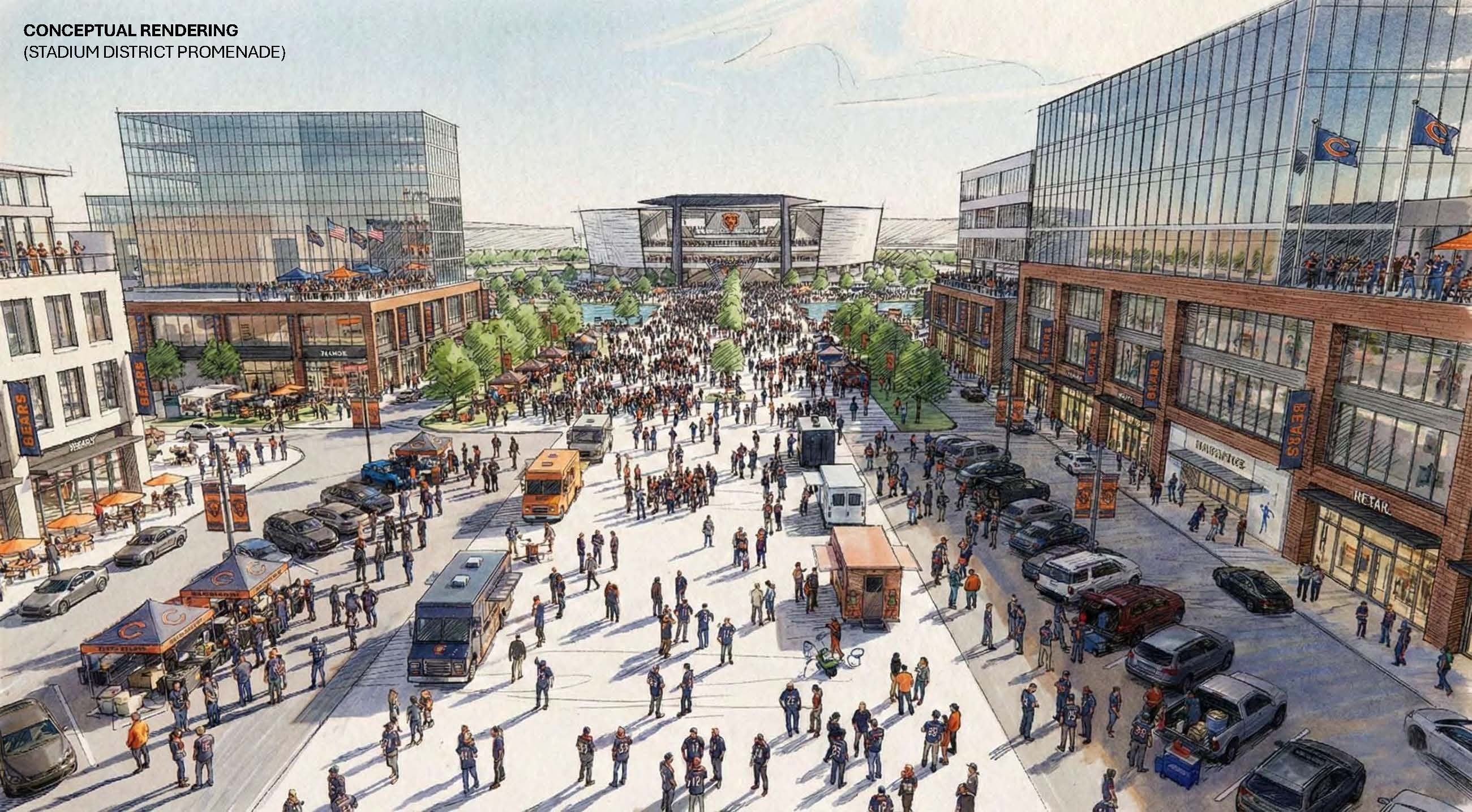 Conceptual rendering of a stadium neighborhood walk with crowds, food trucks and modern buildings with glass facades and bear themed banners under a clear sky.
