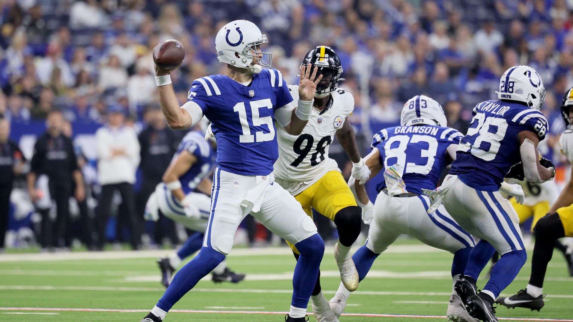 Joe Flacco #15 of the Indianapolis Colts throws a pass against The Pittsburgh Steelers at Lucas Oil Stadium on September 29, 2024 in Indianapolis, Indiana. 