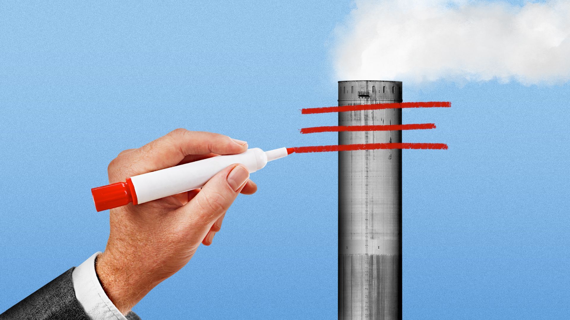 Illustration of a hand holding a red marker that is drawing red lines over a smoke stack.