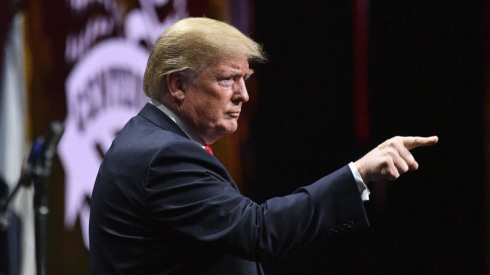 Here is Donald Trump pointing at something or someone