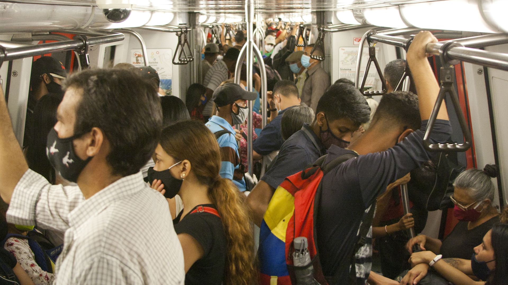 Passengers pack into the Metro in Caracas, Venezuela. 