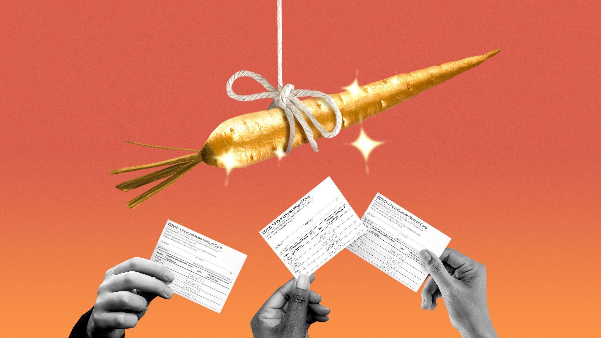 Illustration of three people's hands holding vaccine cards up towards a dangling golden carrot.