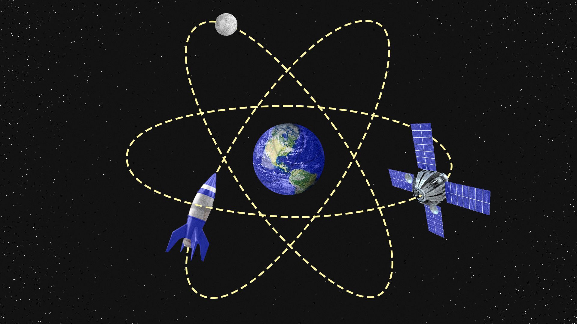 Illustration of an atom shape as a flight path for a rocket, a satellite, and the Moon with the Earth as the nucleus.   