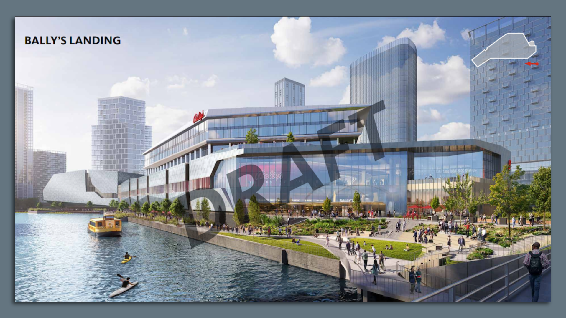 A drafted rendering of a giant casino complex on the Chicago River.