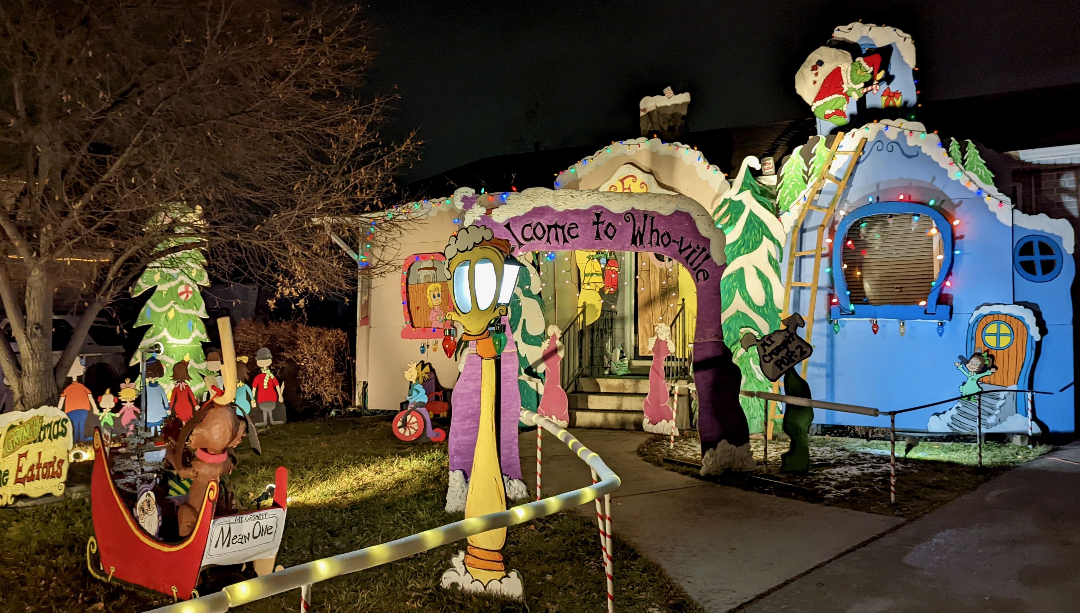 A home with a constructed "Whoville" set from Dr. Seuss' the Grinch Who Stole Christmas.