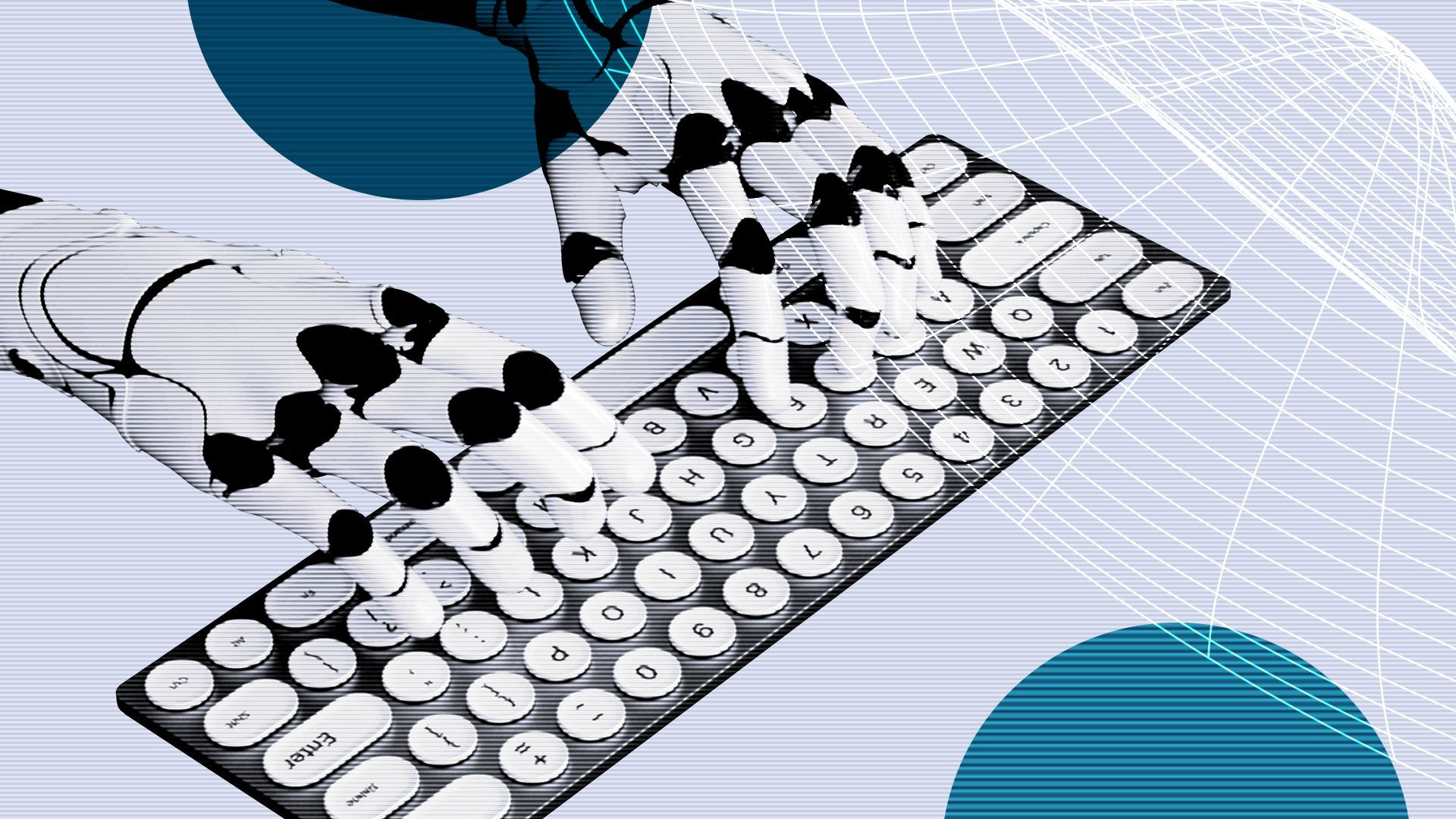 Illustration of a robot and computer keyboard overlapping geometric shapes.