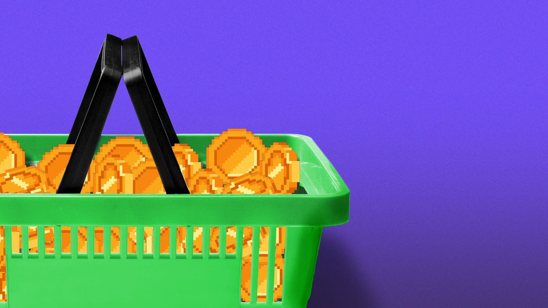 Illustration of a shopping basket full of pixelated coins.