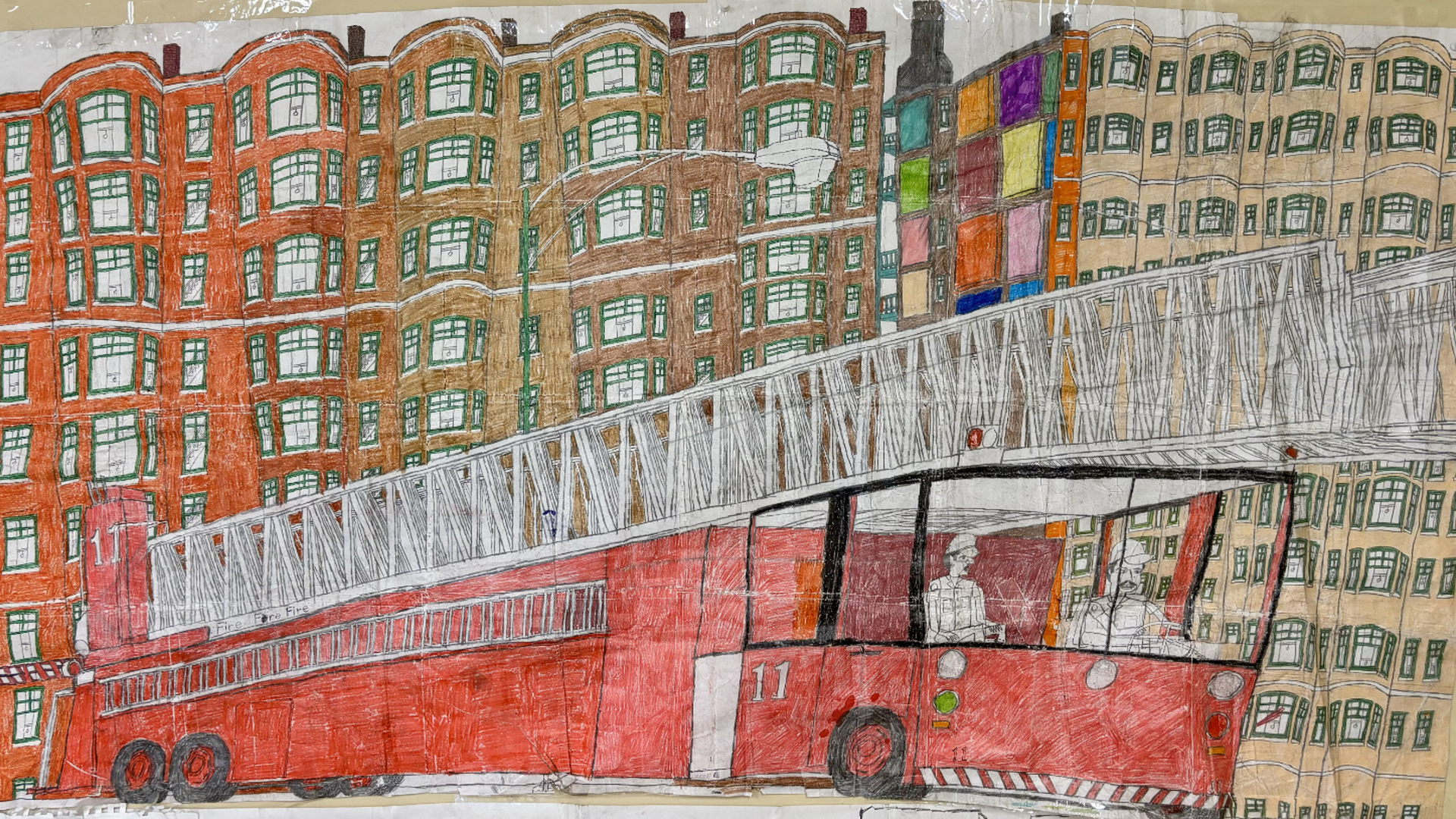 Red fire truck with an extended white ladder spans a city street, numbered 11, with two firefighters inside the cab. Colorful brick buildings line the background.