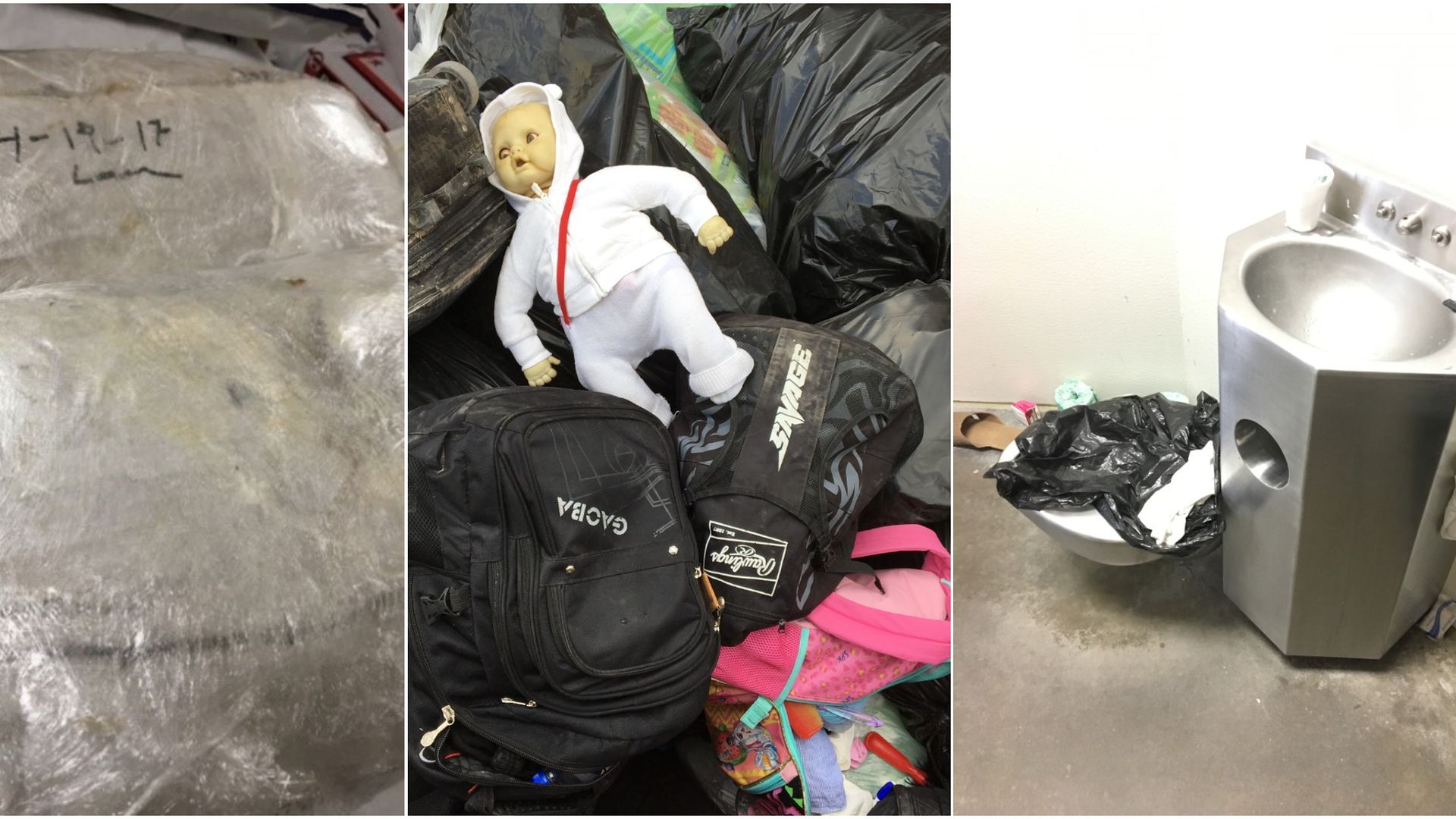 A three part image showing expired bags of food, a pile of discarded luggage and a dirty bathroom.