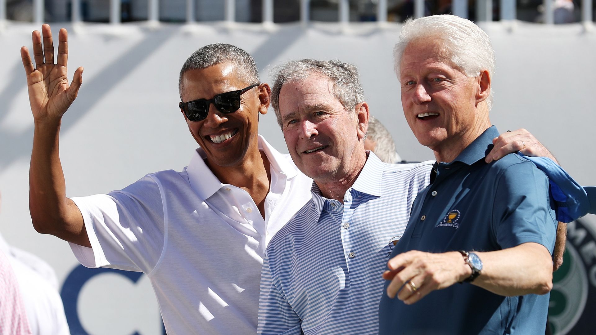 Former U.S. Presidents Barack Obama, George W. Bush and Bill Clinton  at Liberty National Golf Club on September 28, 2017 in Jersey City, New Jersey.