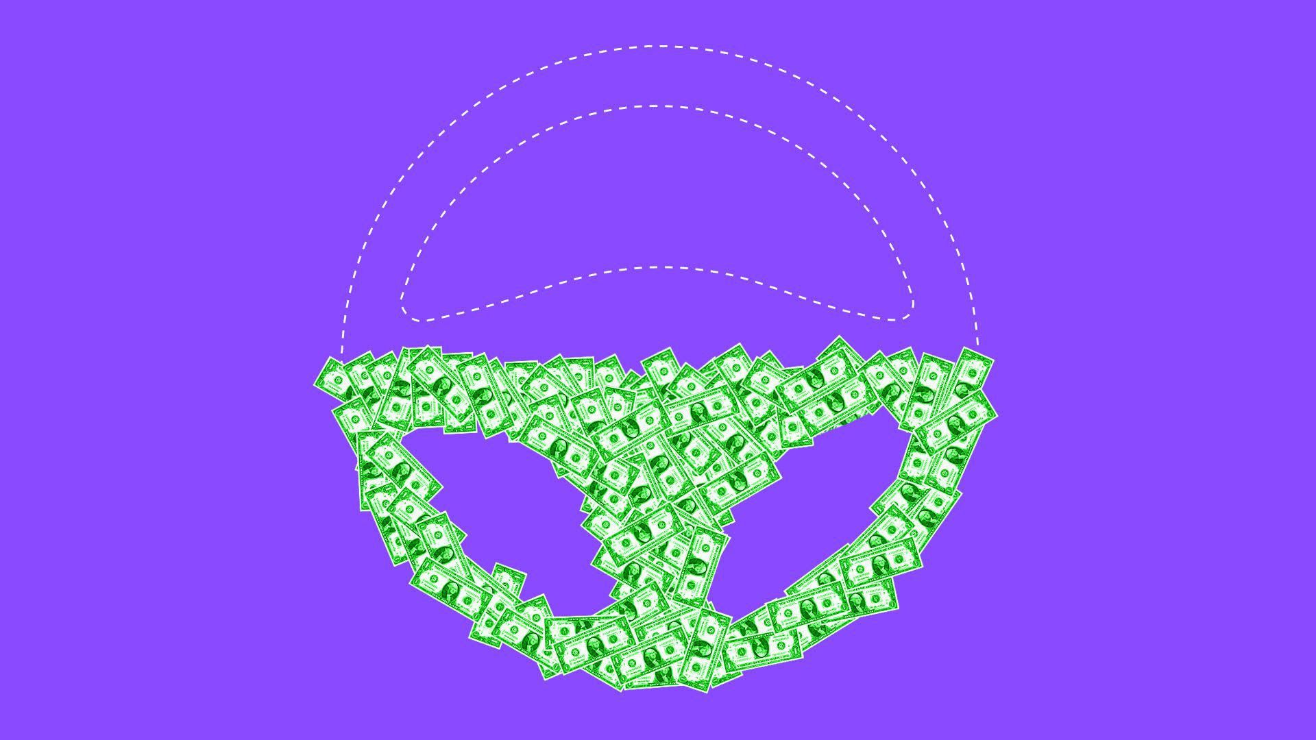 A steering wheel outline covered in cash.