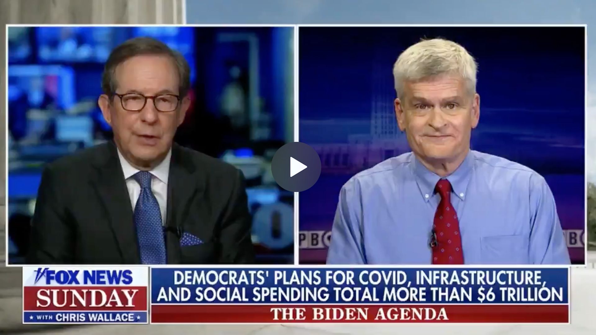 A screenshot shows host Chris Wallace and Sen. Bill Cassidy during the taping of Fox News Sunday.