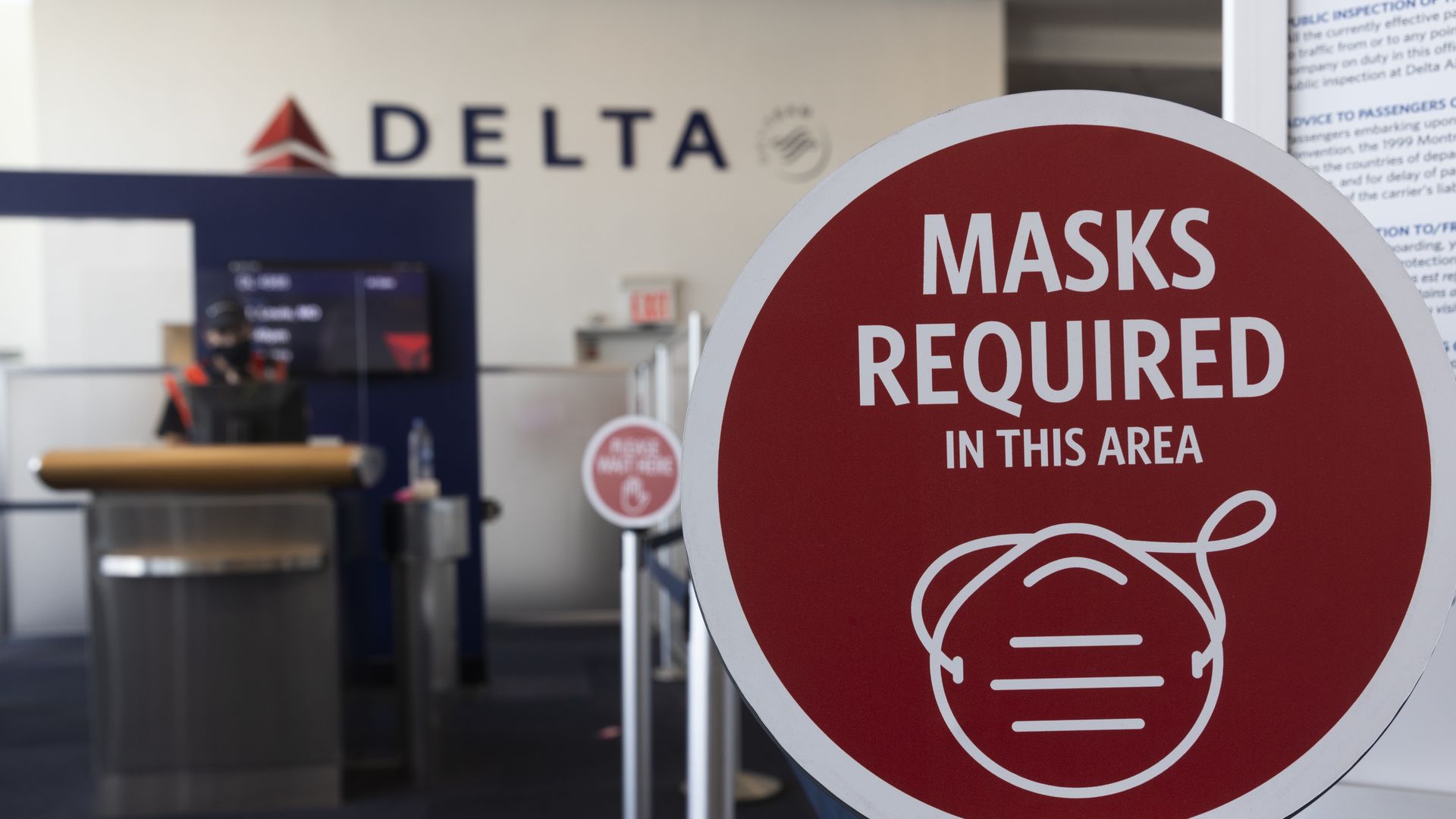 A "Masks Required" sign at a Delta Air Lines gate in Terminal C of LaGuardia Airport (LGA) in New York, U.S., on Monday, Aug. 2, 2021. 