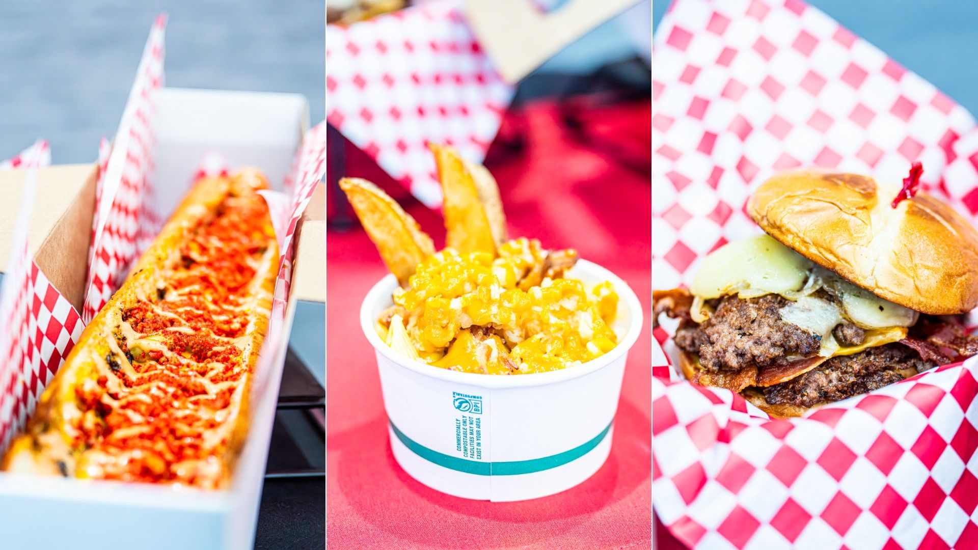 Triptych of fast food: left pizza in a box with red-and-white checkered liner; center macaroni and cheese with fries in a cup; right cheeseburger on red checkered paper.