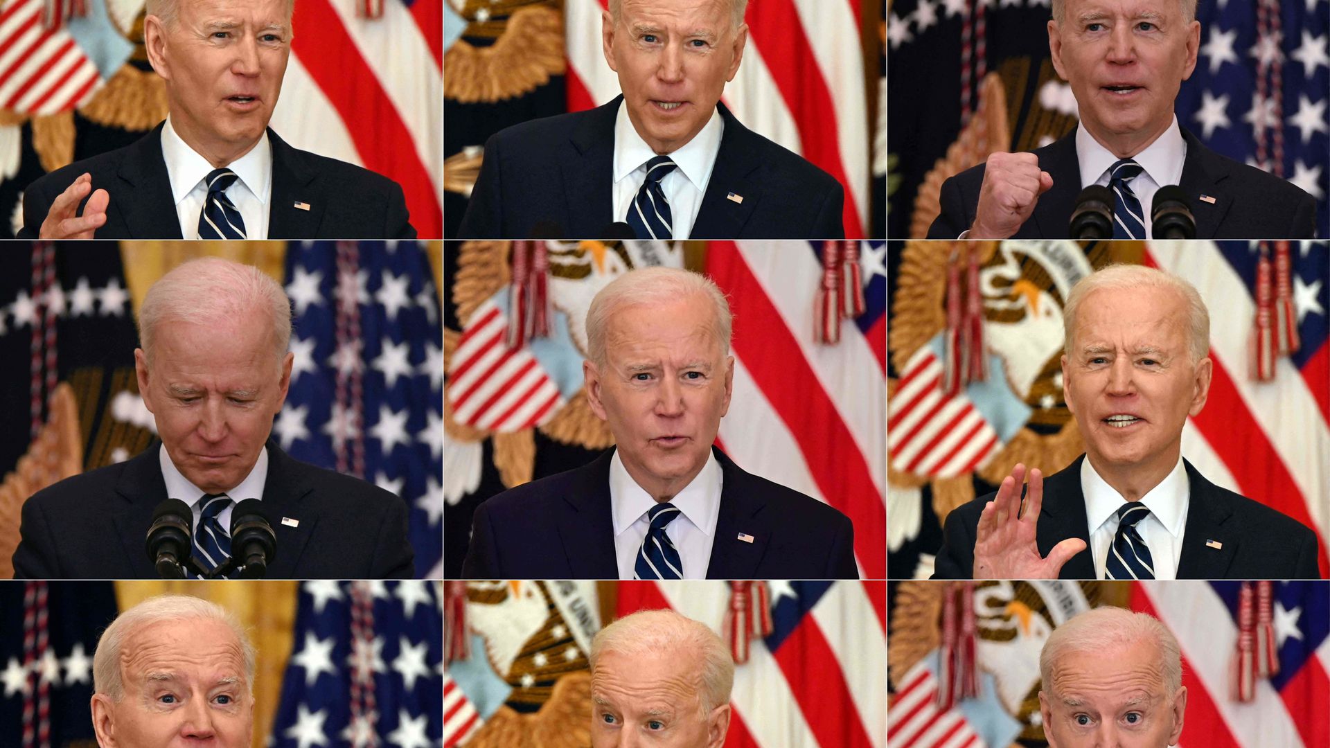 Photo montage of nine images of President Biden's facial expressions during his first presidential news conference