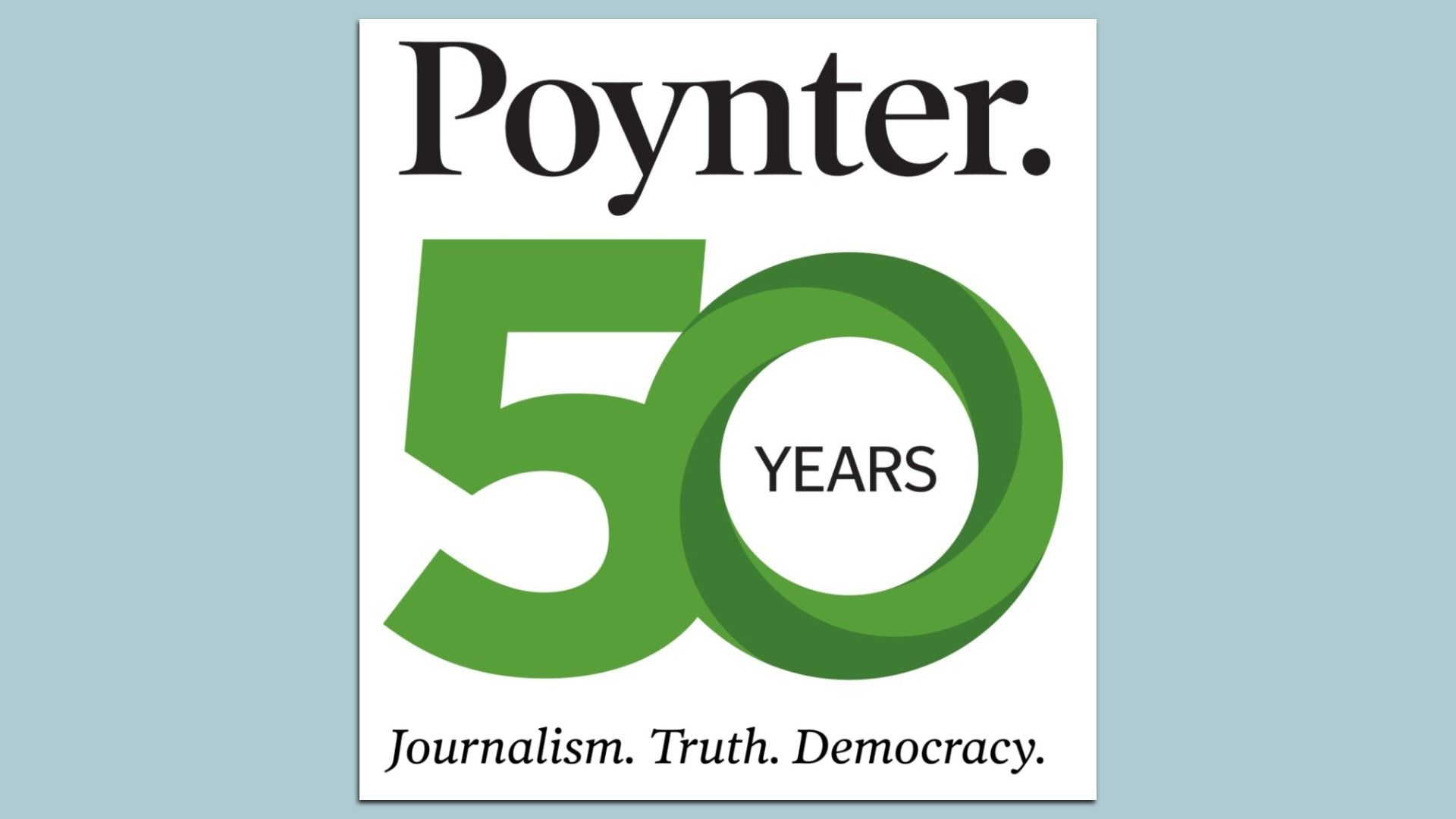 Logo celebrating Poynter's 50 years with large green "50" and text "Journalism. Truth. Democracy." on white background.