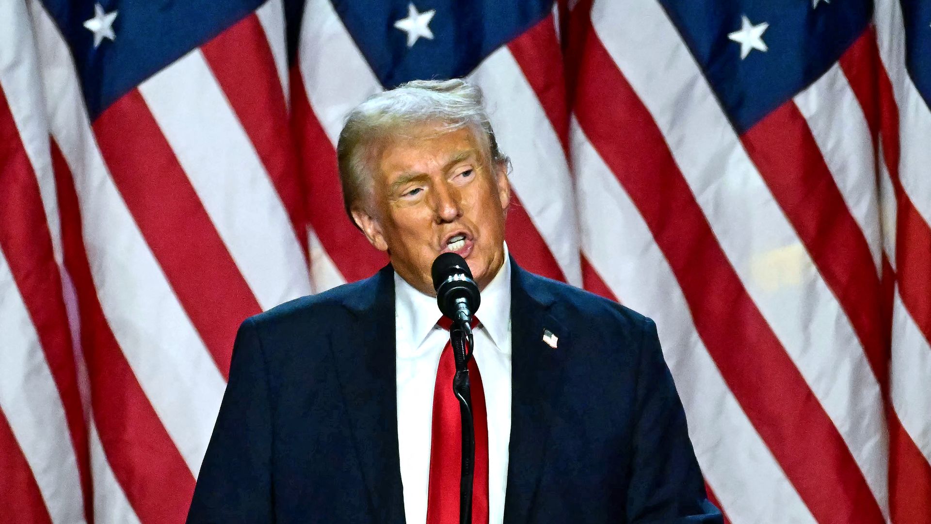 Former President Trump speaks in front of American flags.
