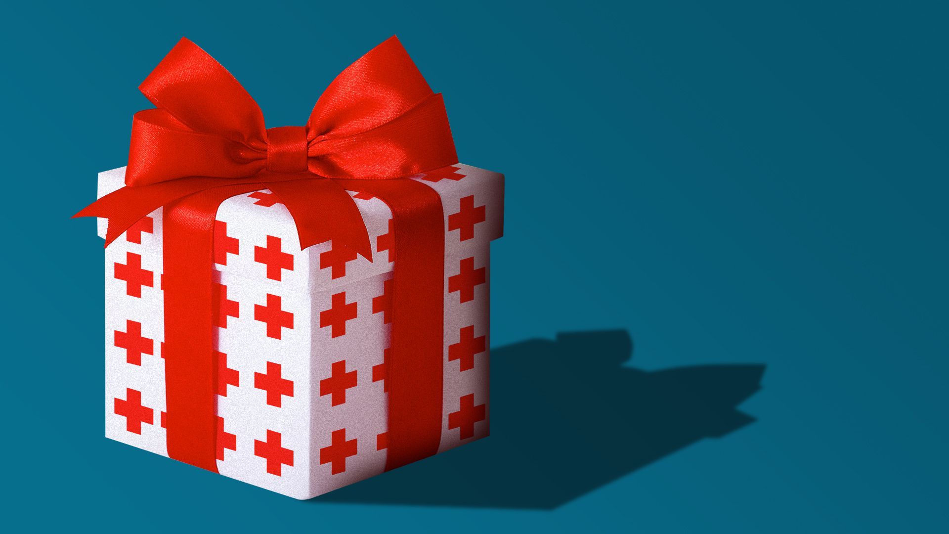 Illustration of a gift box wrapped in wrapping paper with a health plus pattern on it. 