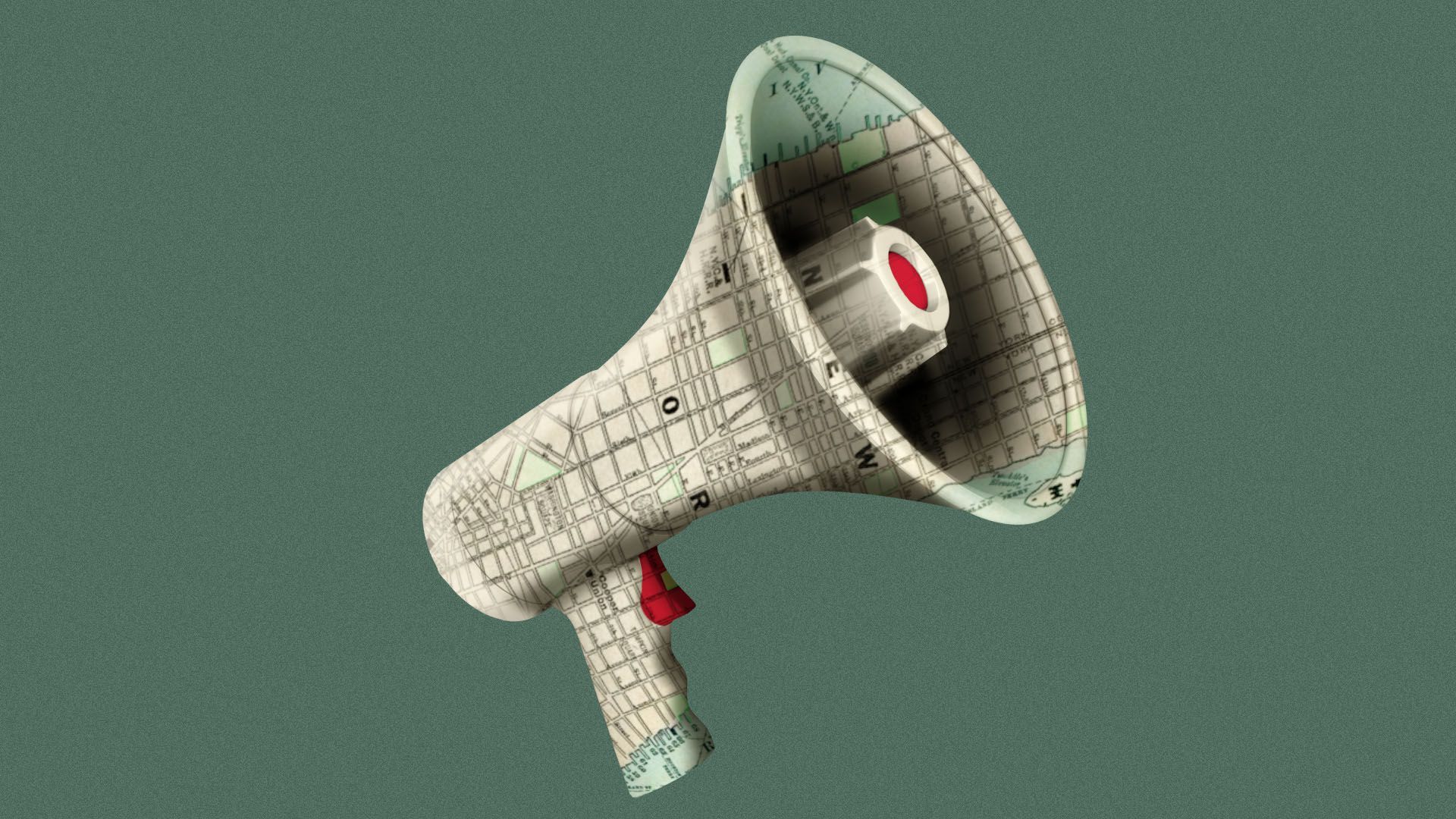 Illustration of a bullhorn with a map of New York city on it