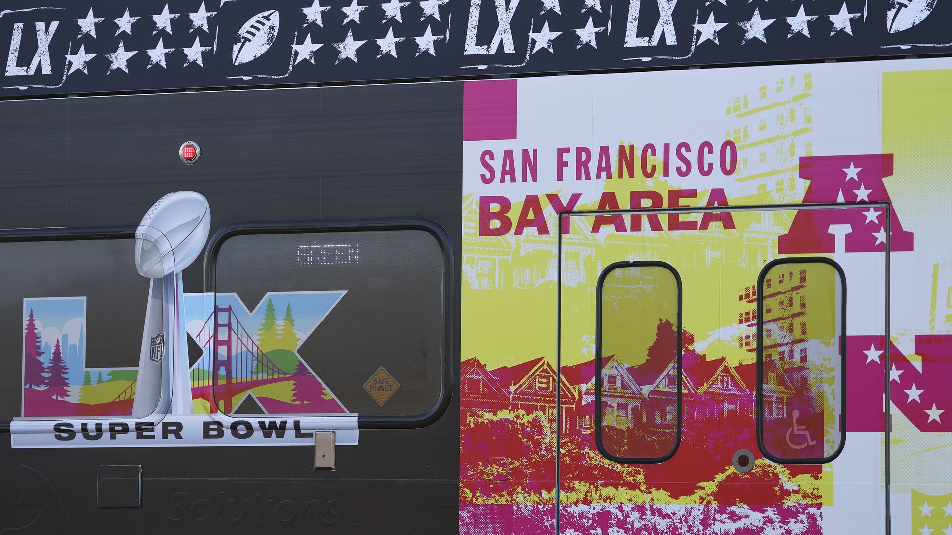 A detail view of the Super Bowl LX logo on a Santa Clara Valley Transportation Authority (VTA) light rail car on December 29, 2025 in Santa Clara, California. 