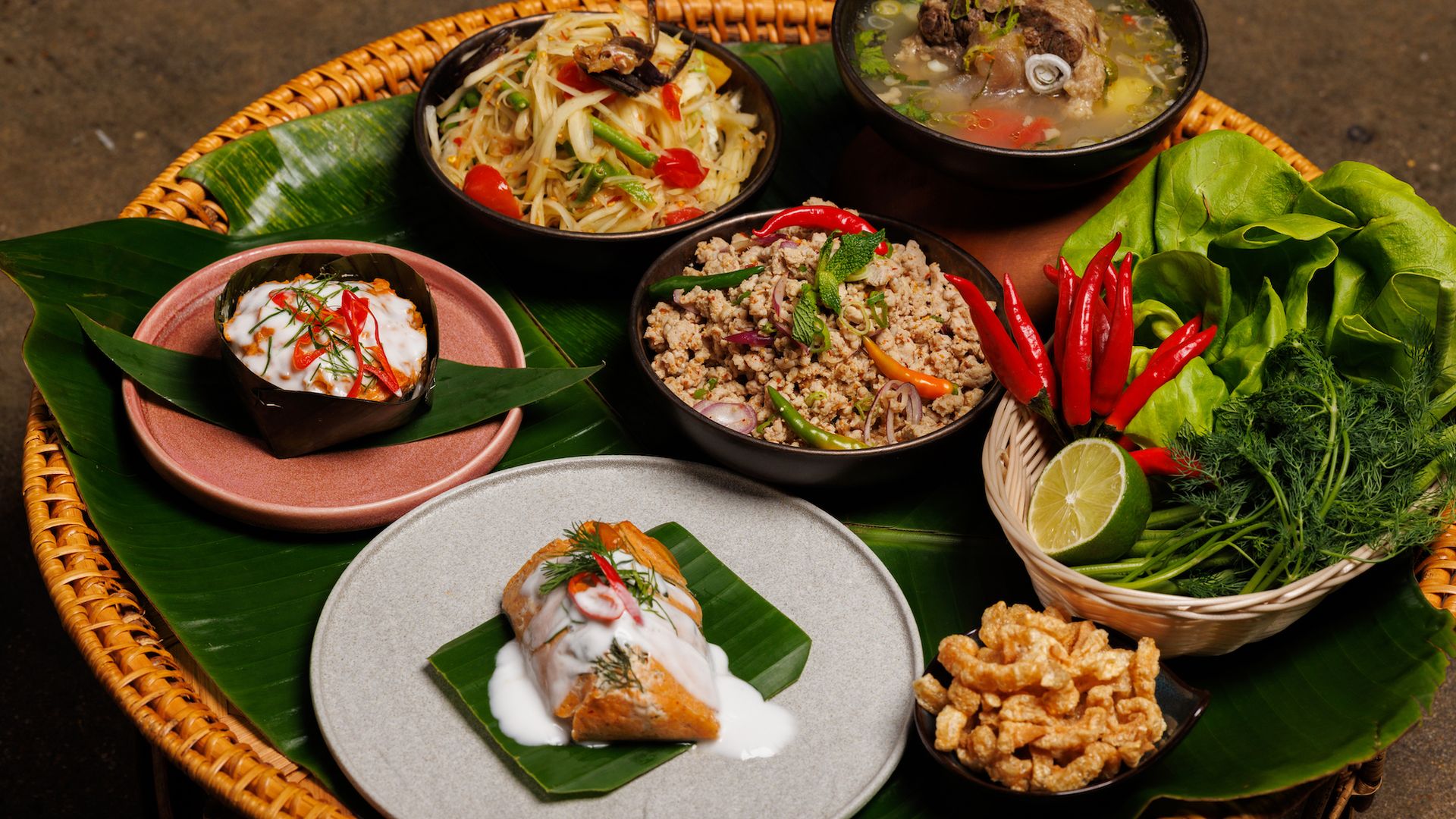 A plate of different Thai dishes 