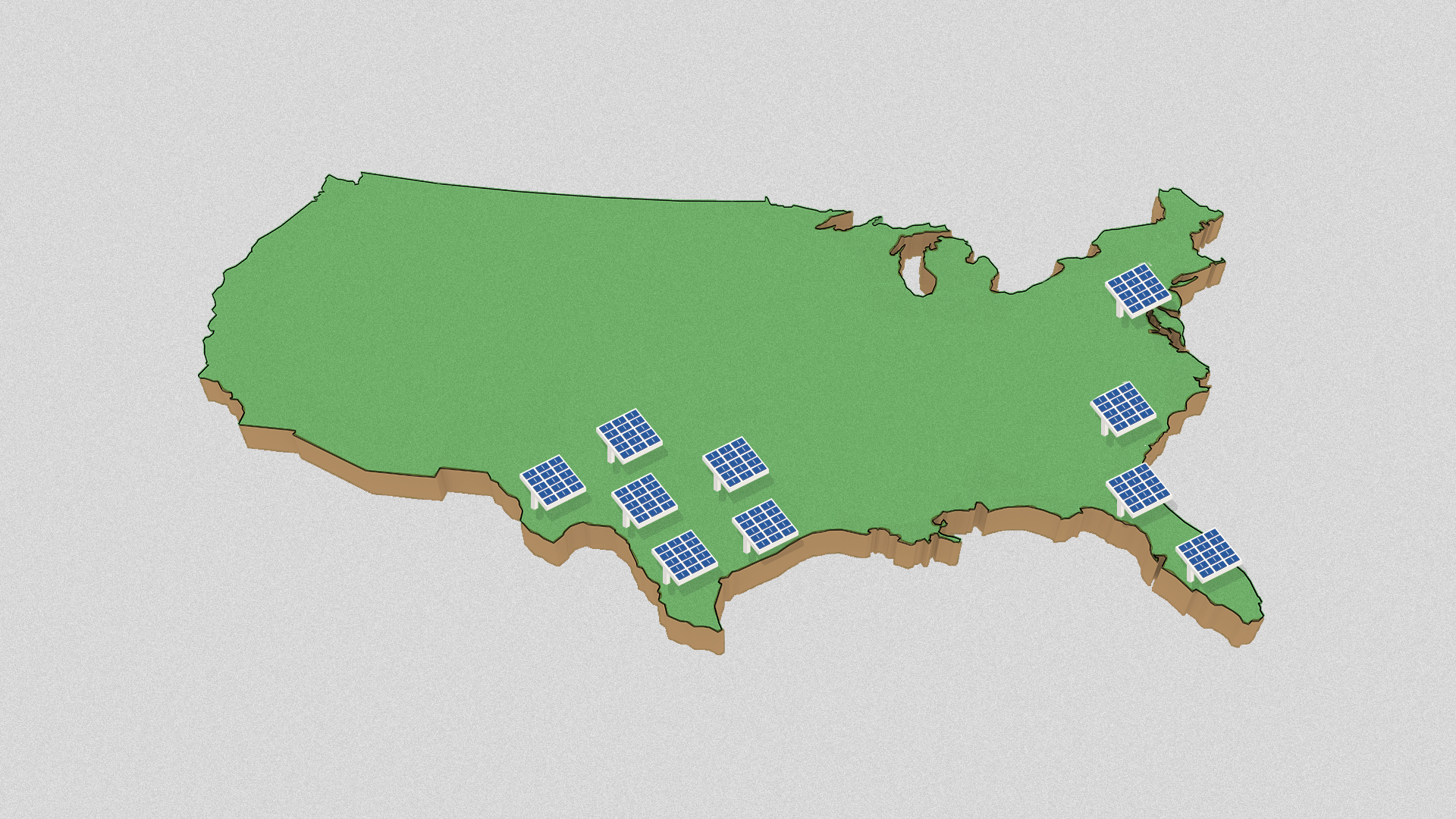 Illustration of the United States with solar panels clustered around the Texas, Florida, South Carolina and Maryland.