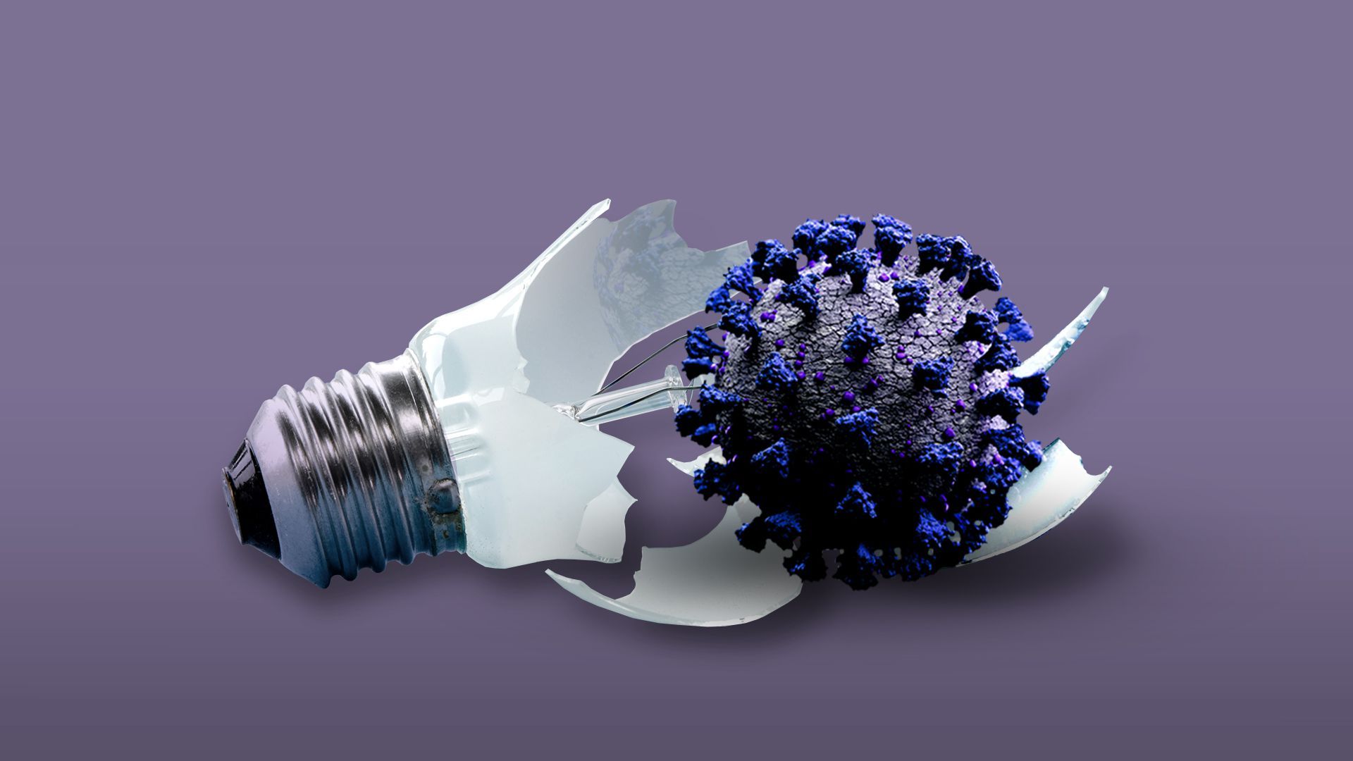 Illustration of the coronavirus sitting among the glass shards of a broken light bulb