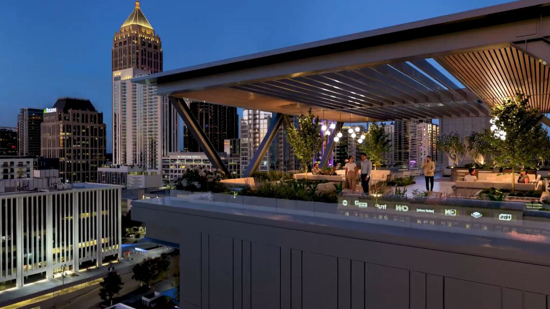 A rendering of people gathering at a rooftop restaurant with a skyline view of Midtown Atlanta