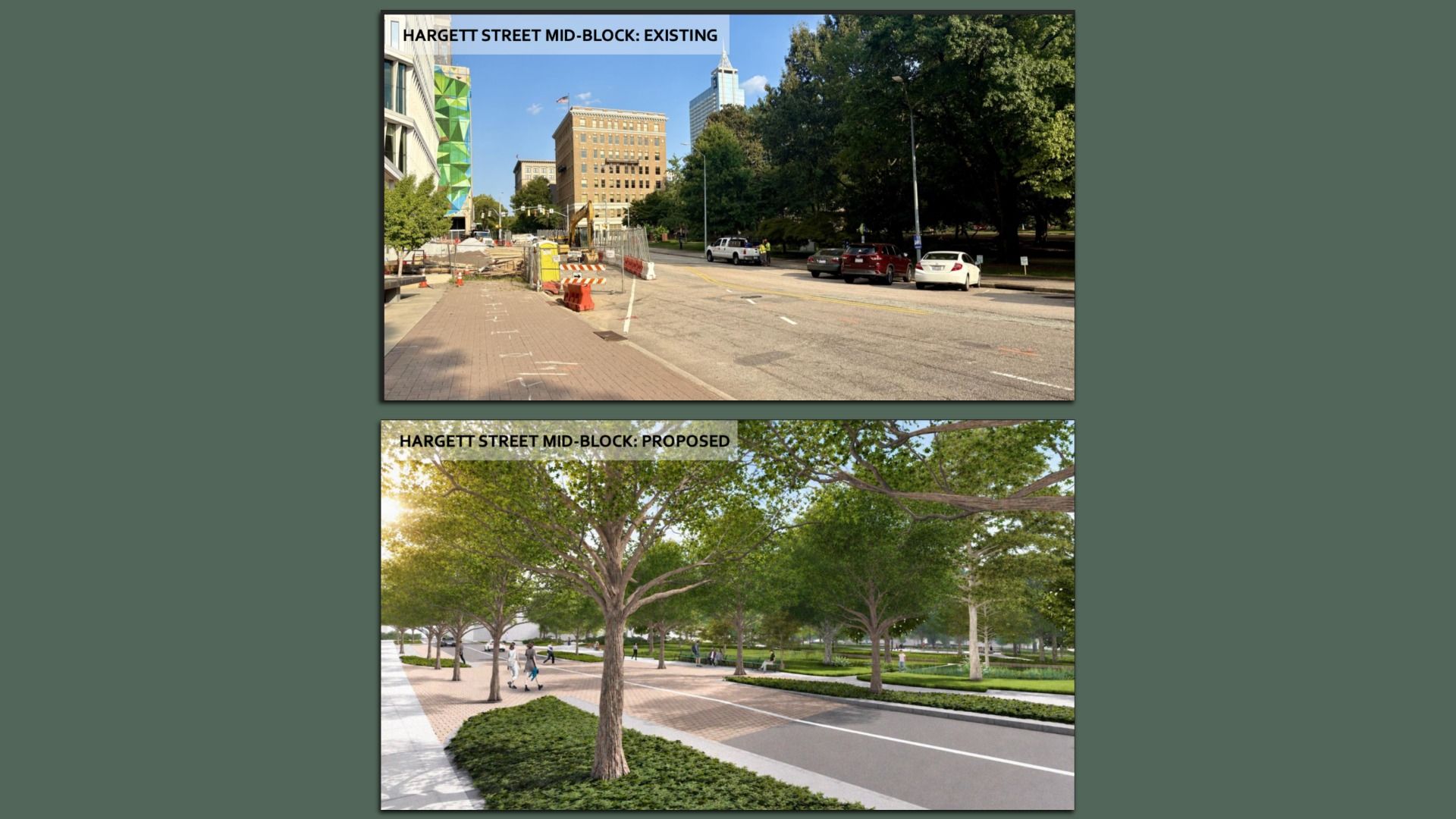 Two panels: 'HARGETT STREET MID-BLOCK: EXISTING' (top) and 'HARGETT STREET MID-BLOCK: PROPOSED' (bottom). Top shows a street with construction barriers, cones, cars, and brick buildings; bottom shows a tree-lined pedestrian plaza.