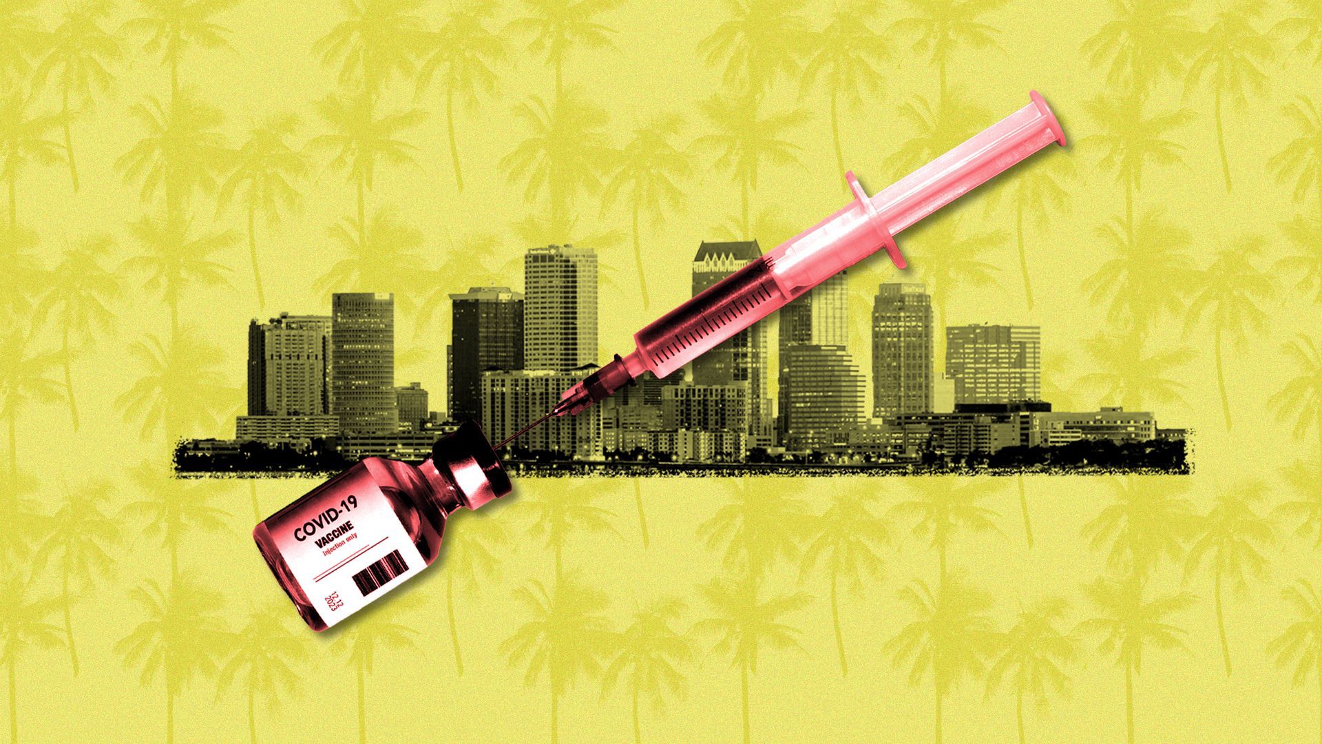 Illustration of the coronavirus vaccine and the Tampa skyline, over a pattern of palm trees. 