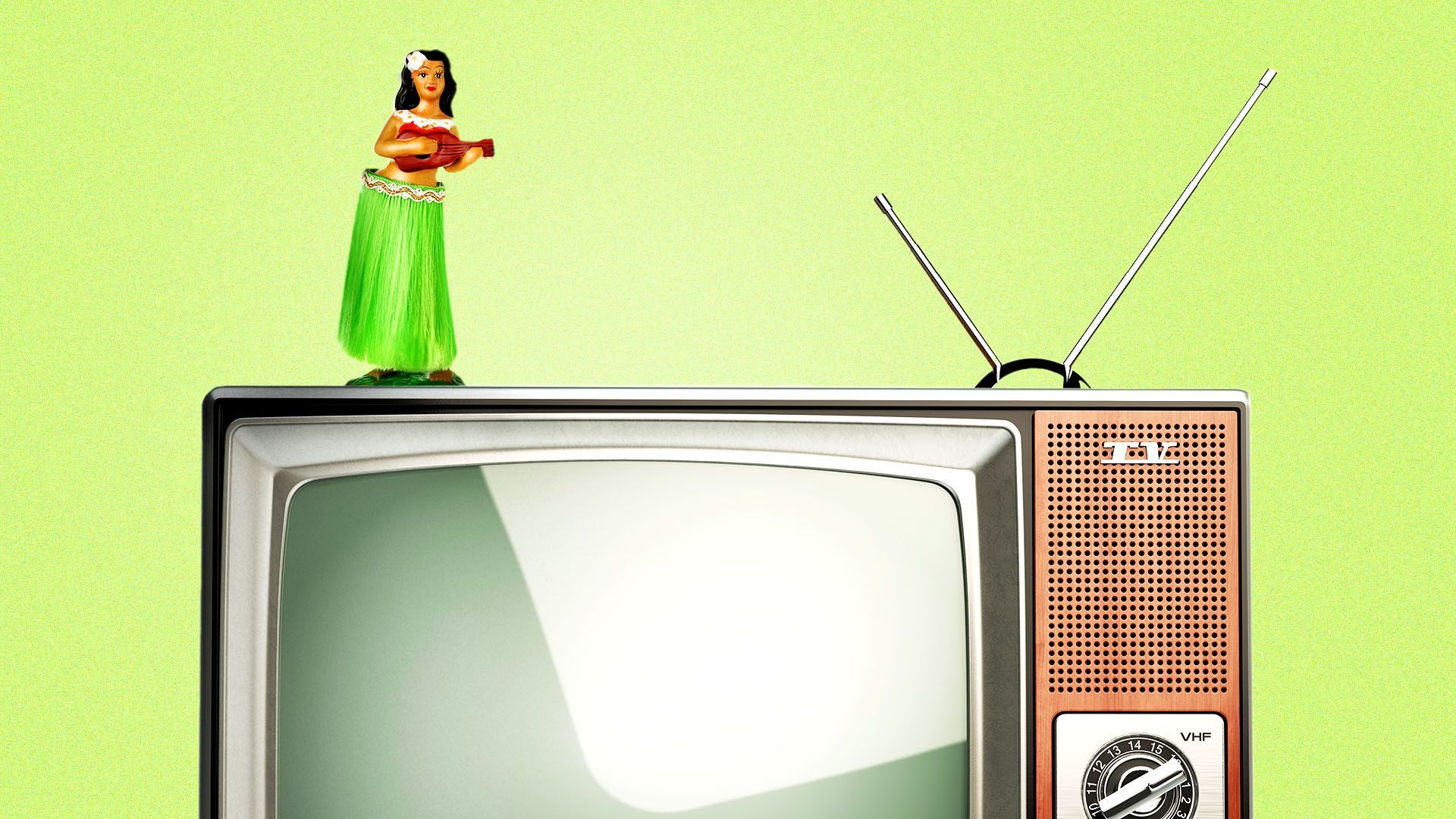 an illustration of a hula dancer figurine on top of a vintage television set