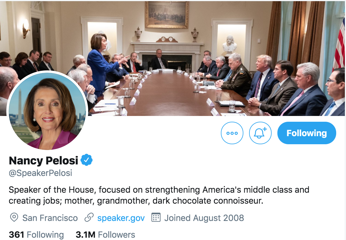 House Speaker Nancy Pelosi's cover photo on Twitter, taken from her meeting with President Trump.