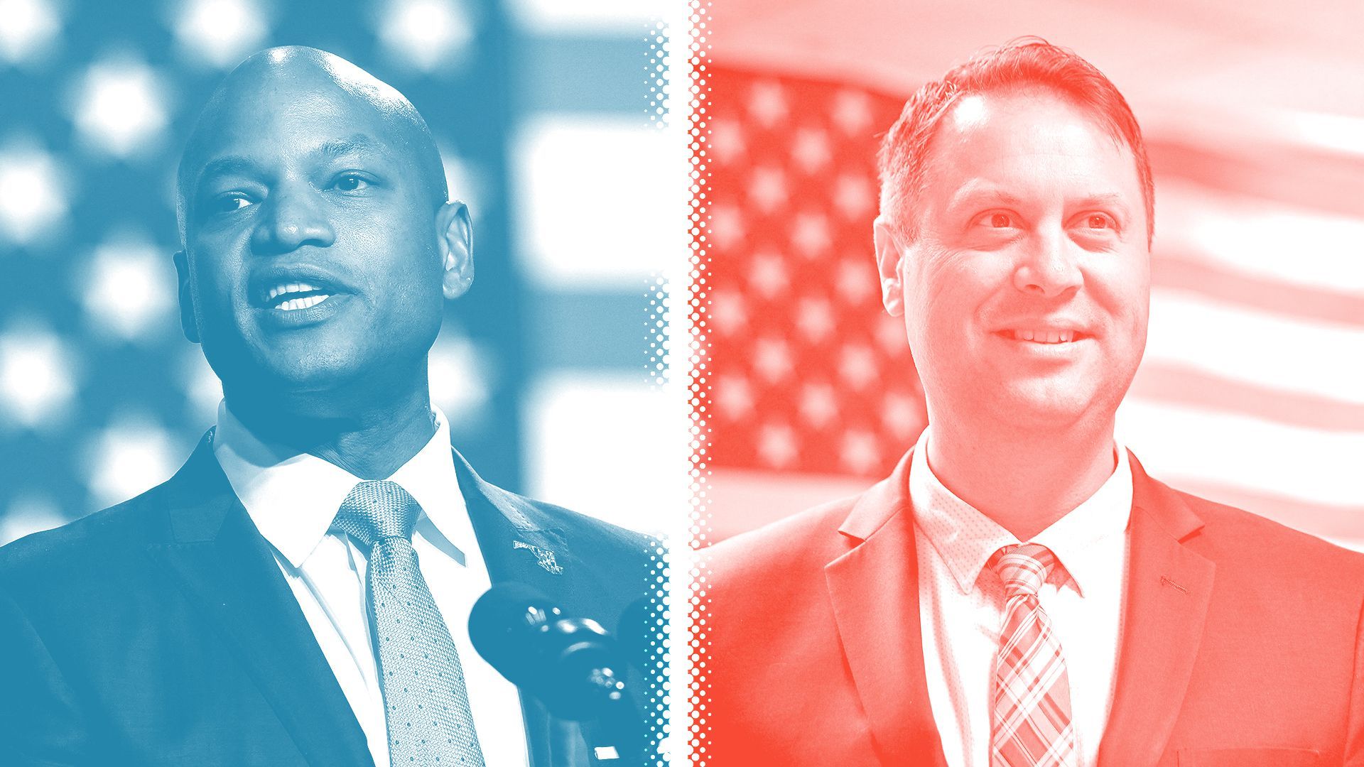 Photo illustration of Wes Moore and Dan Cox.