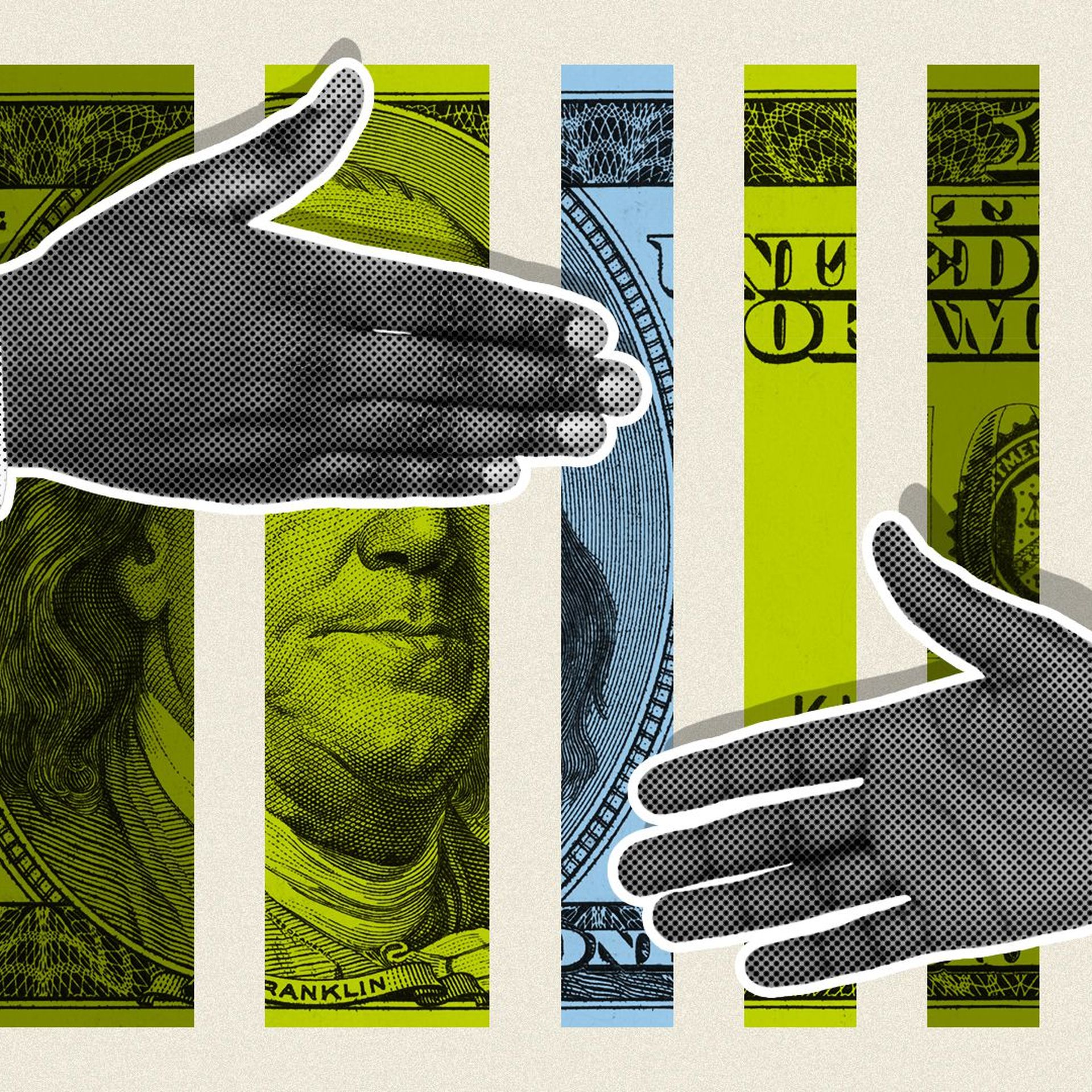 Illustration collage of a handshake over background of hundred dollar bill and rectangles.