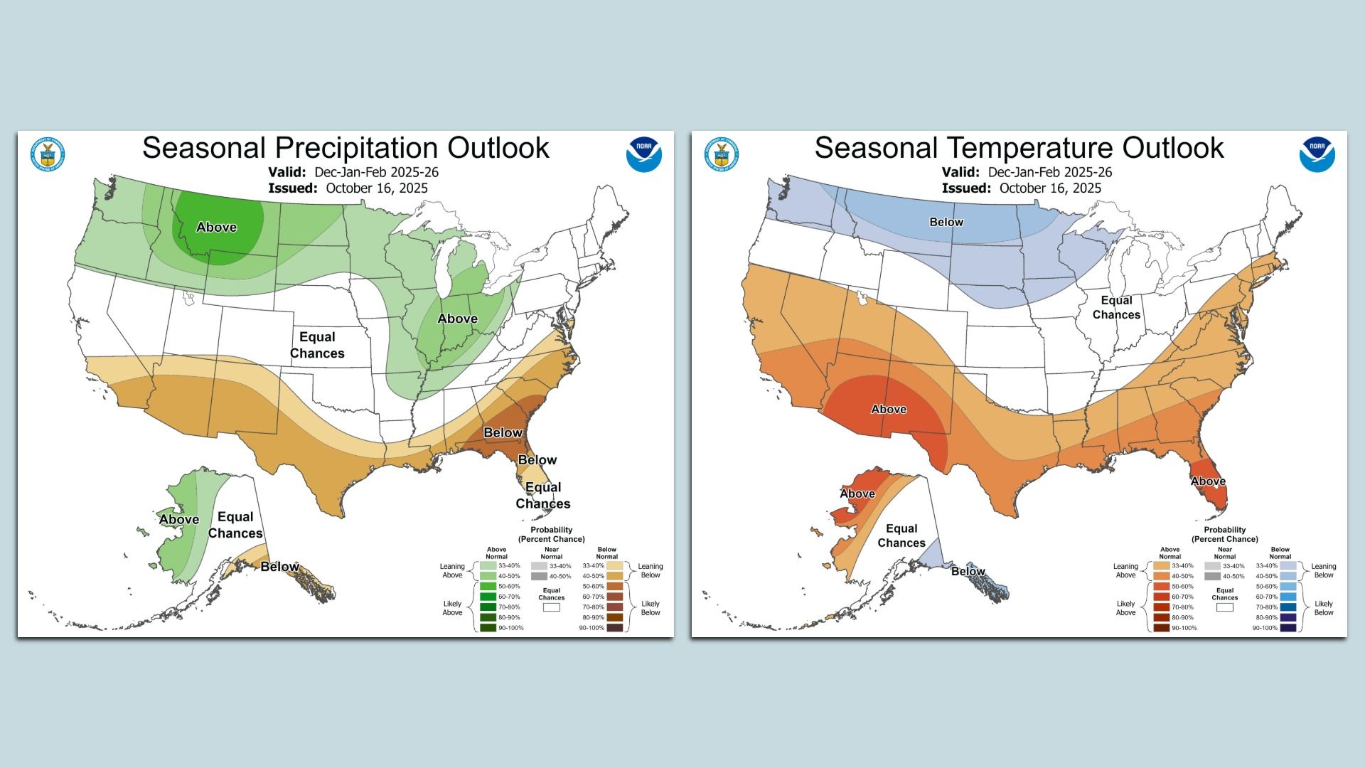 Maps showing seasonal precipitation and temperature outlook for Dec-Jan-Feb 2025-26 in the US. Green shades indicate above normal precipitation; orange/red shades show above normal temperature areas.
