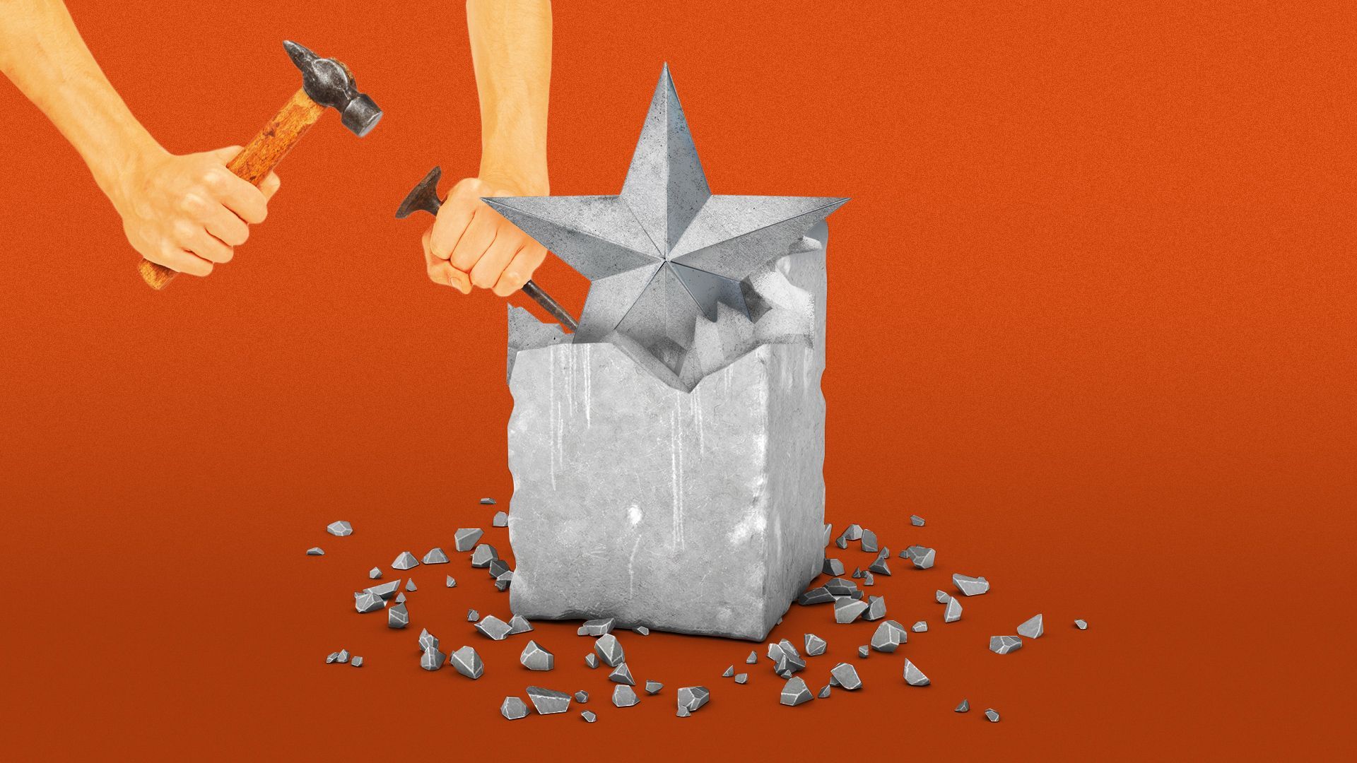 Illustration of a hand chiseling a star out of a block of marble stone. 