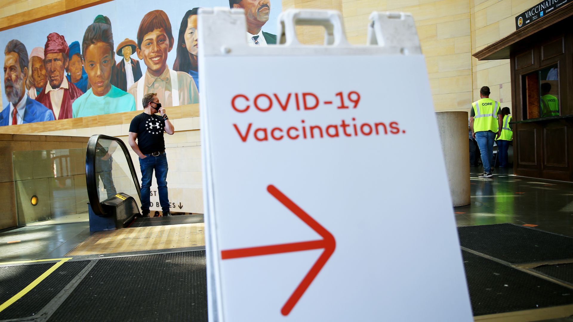 A sign points to a quiet vaccination site set up inside Union Station in an effort to target commuters on June 10, 2021 in Los Angeles, California.