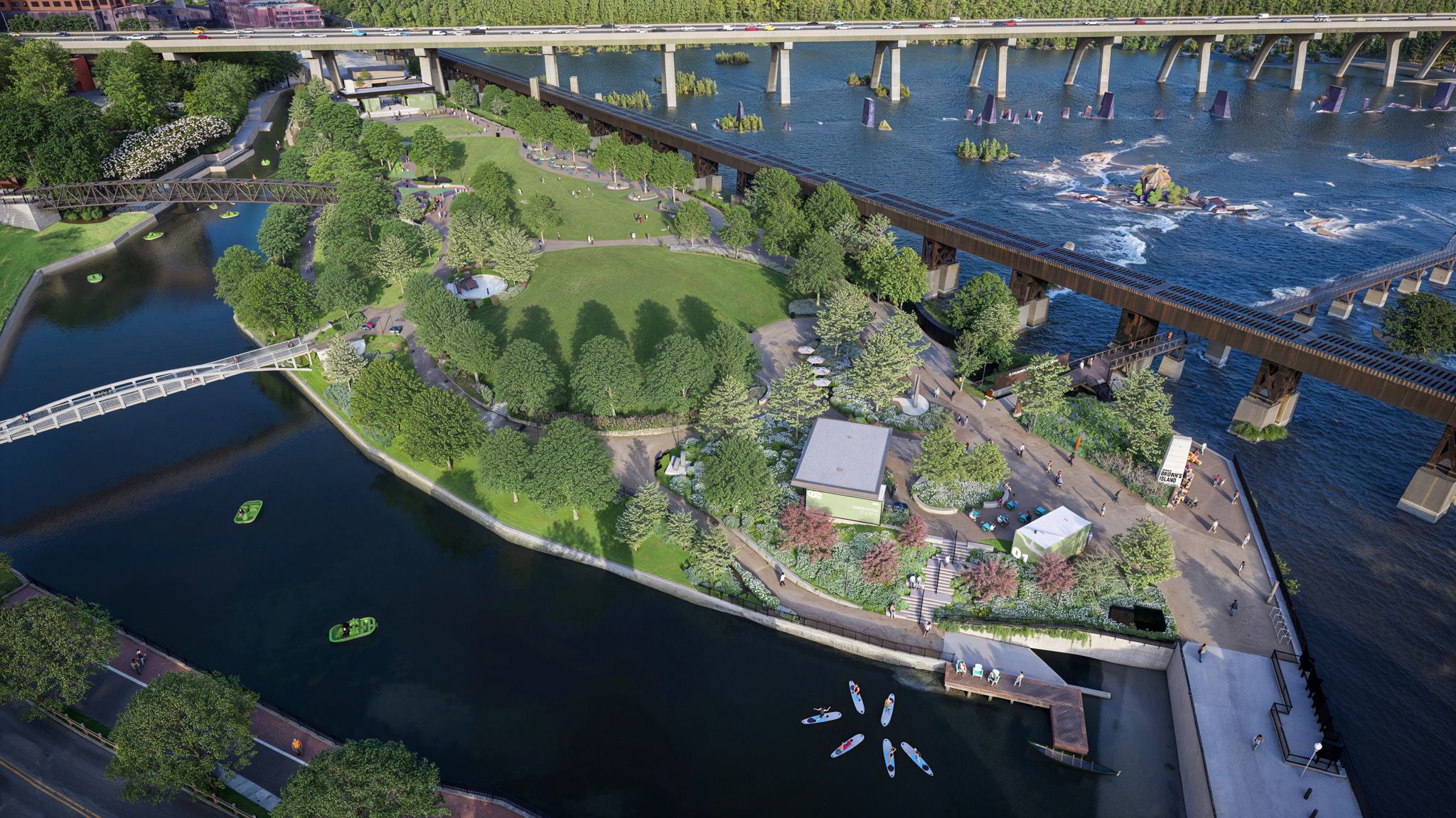 An aerial view of a expansive riverside park with dense trees, meandering paths, and open green lawns. A highway bridge crosses the river above; a pedestrian bridge spans a narrow canal. People stroll, paddle boats dot the water.