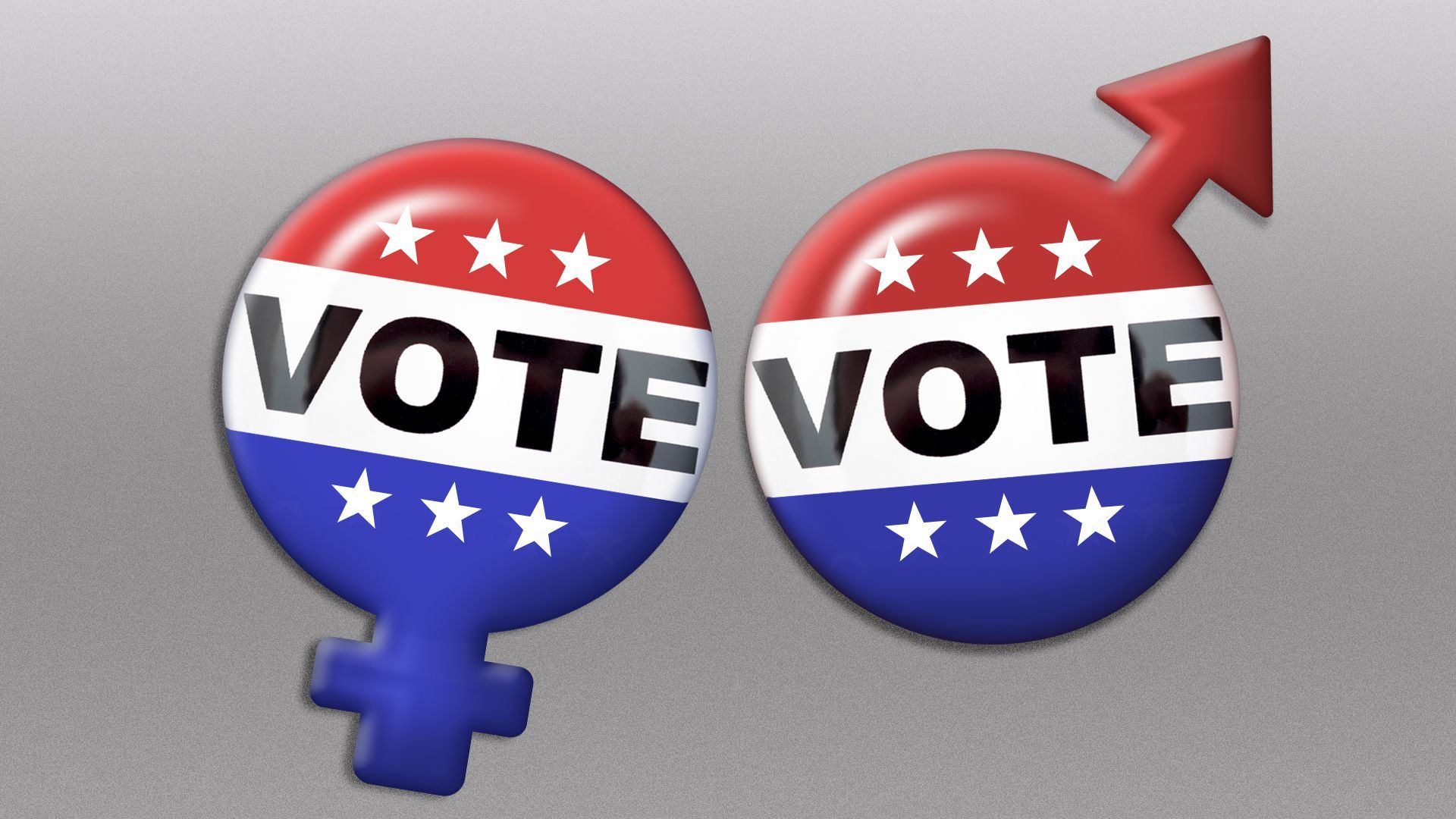 Illustration of two voting pins, one in the shape of a female symbol, the other in the shape of a male symbol