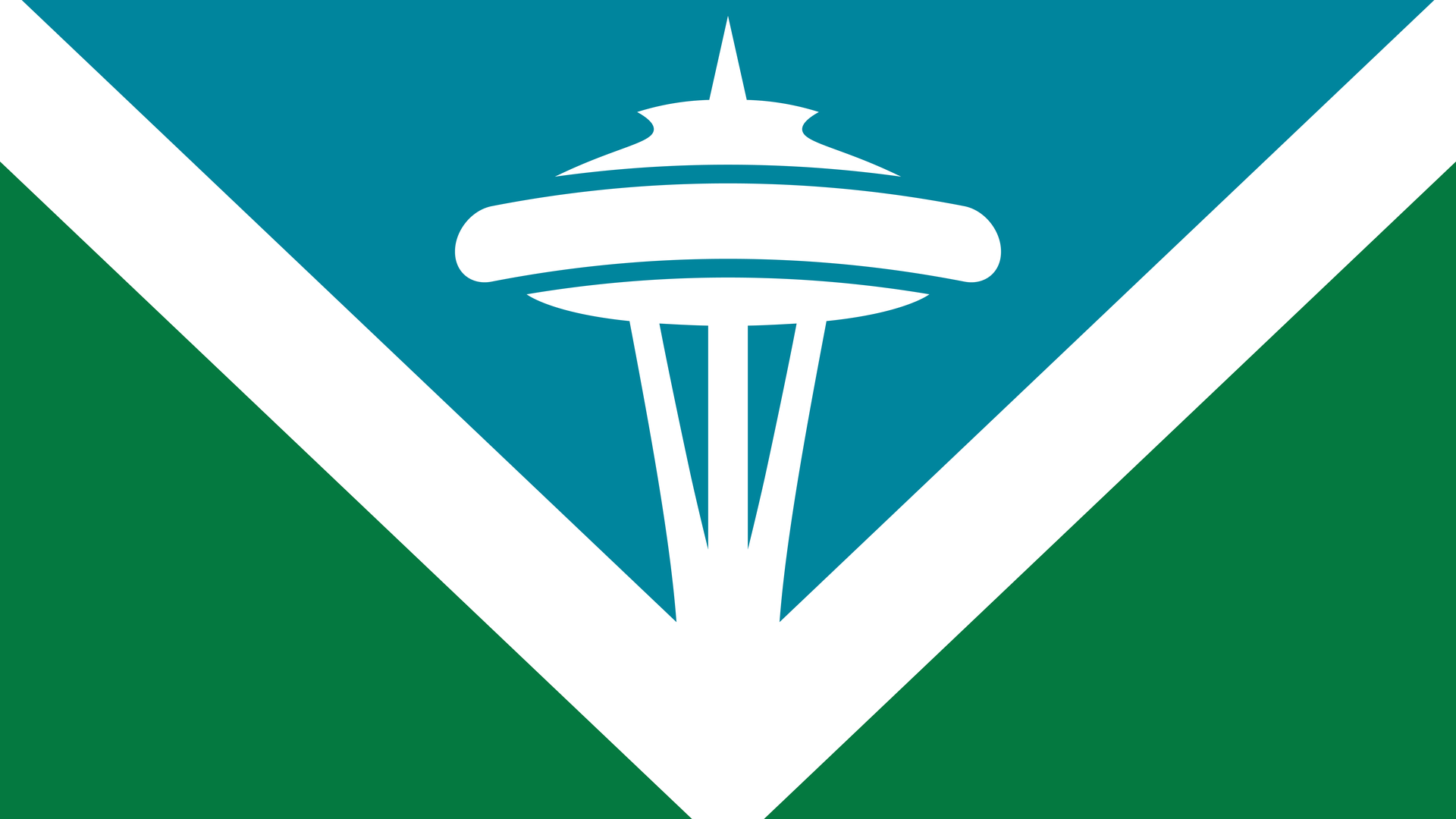 A white outline of the Seattle Space Needle in a white V against a blue and green background. 