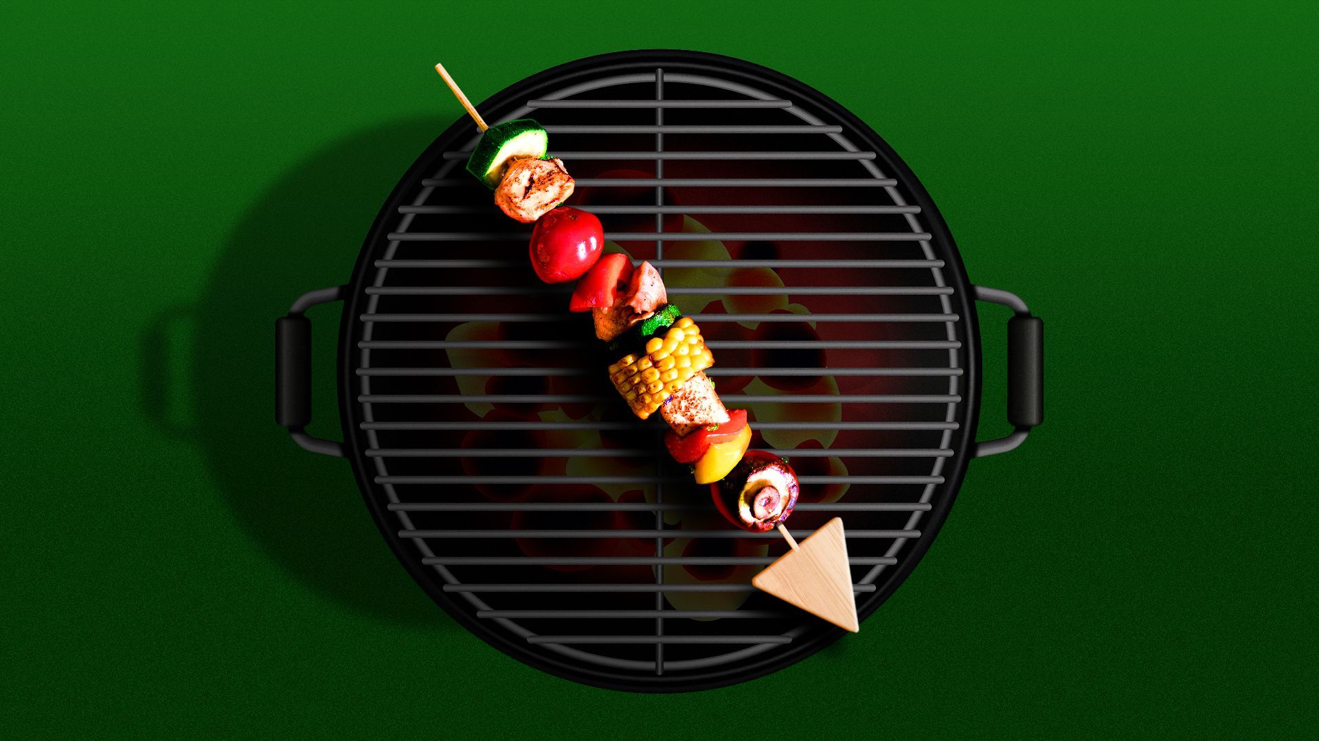 Illustration of a charcoal grill with a kabob shaped like an arrow pointing downward