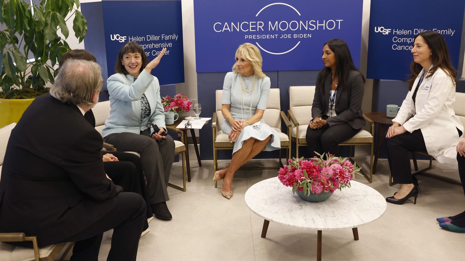 Monica Bertagnolli talks and gestures as Jill Biden looks on at a Cancer Moonshot event