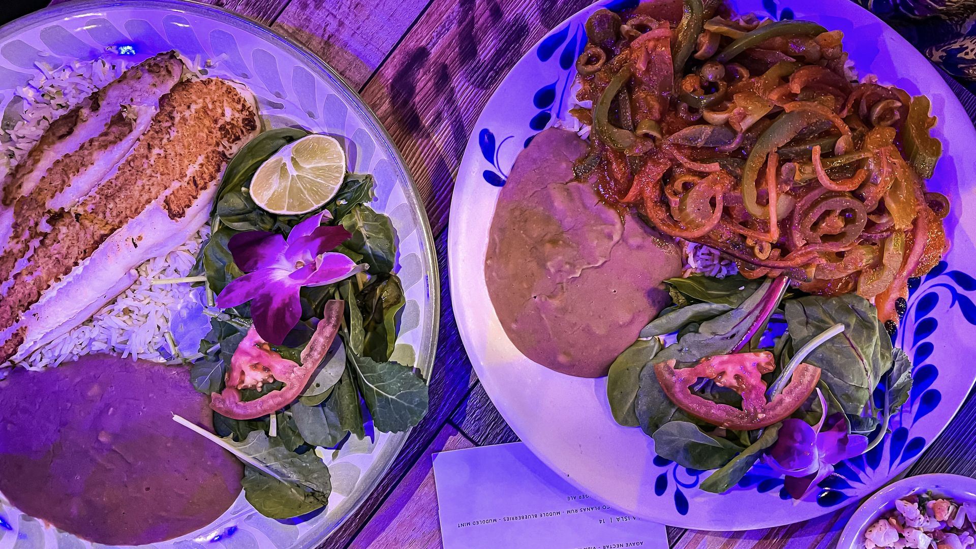 Two fish entrees served on colorful plates. 