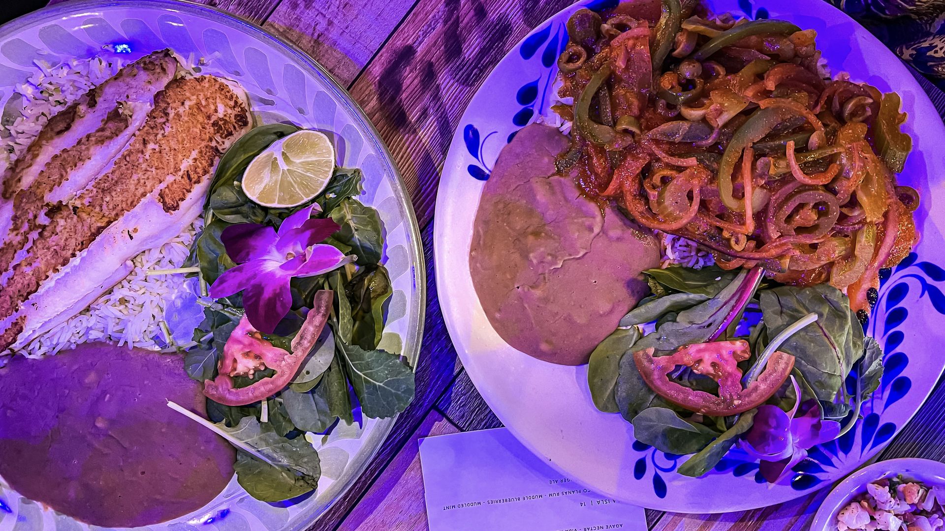 Two fish entrees served on colorful plates.