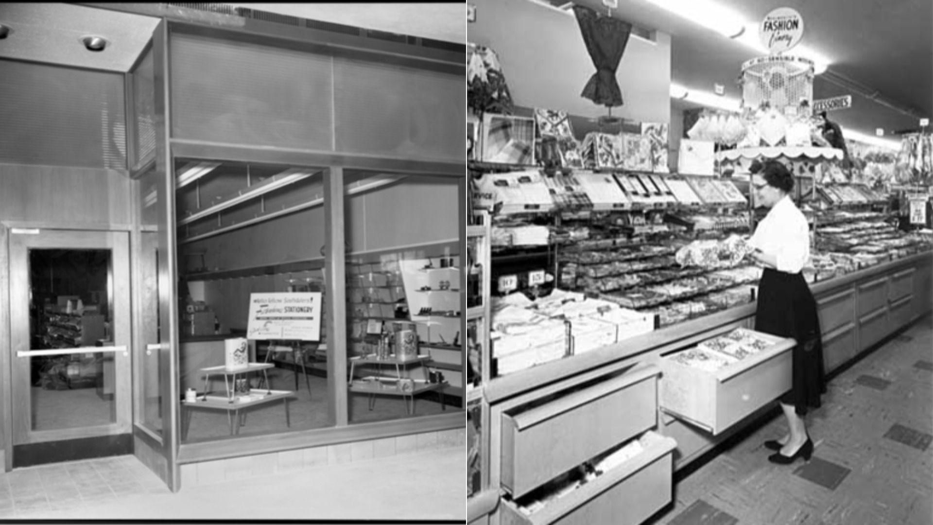 Black-and-white split image: left shows a storefront window with glass doors and interior shelves; right shows a woman in a white blouse and dark skirt at a supermarket counter with stacked meats and products.