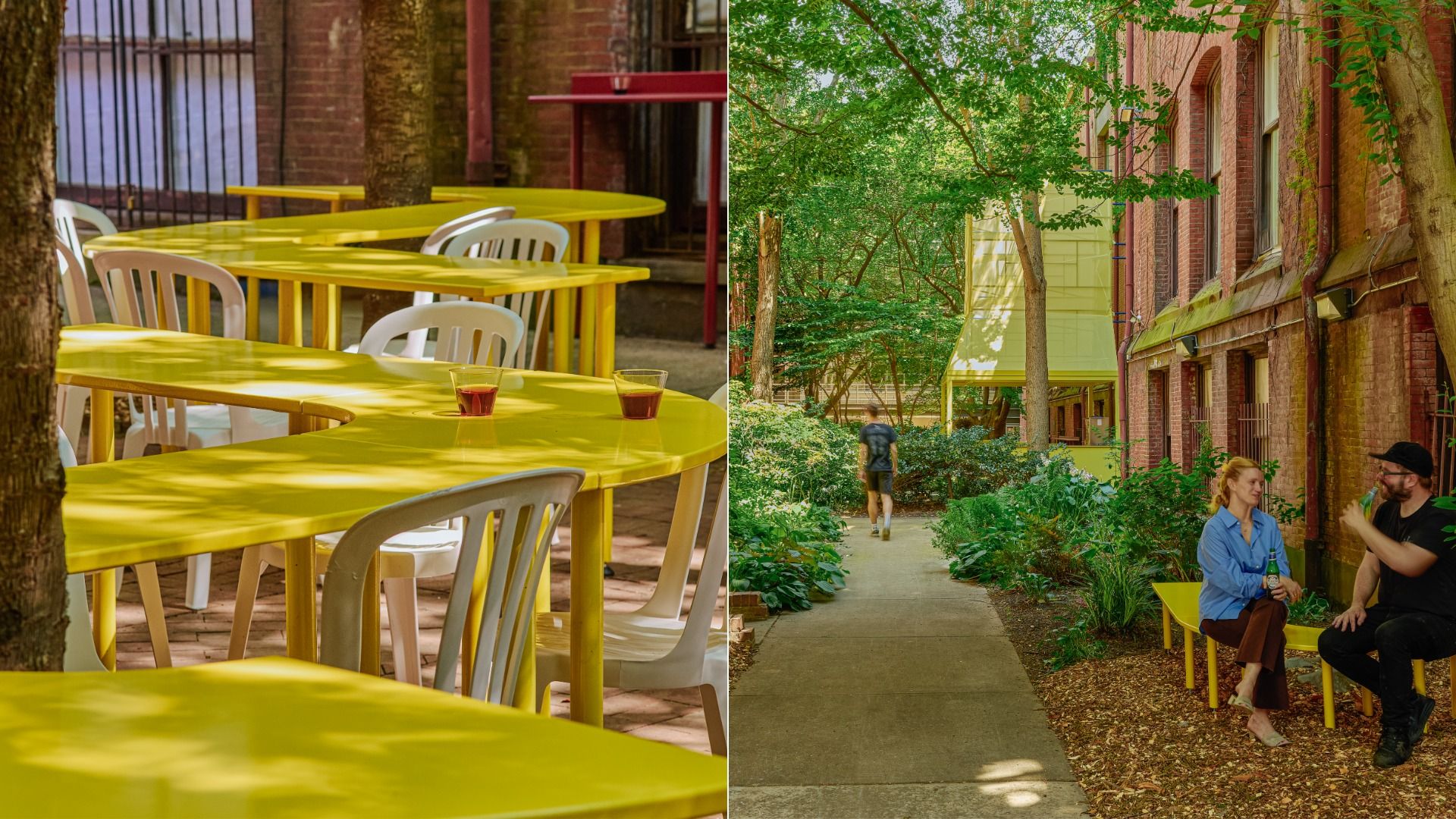 Left: Frankie's cuved bar tables; the courtyard of the Frank Furness building.
