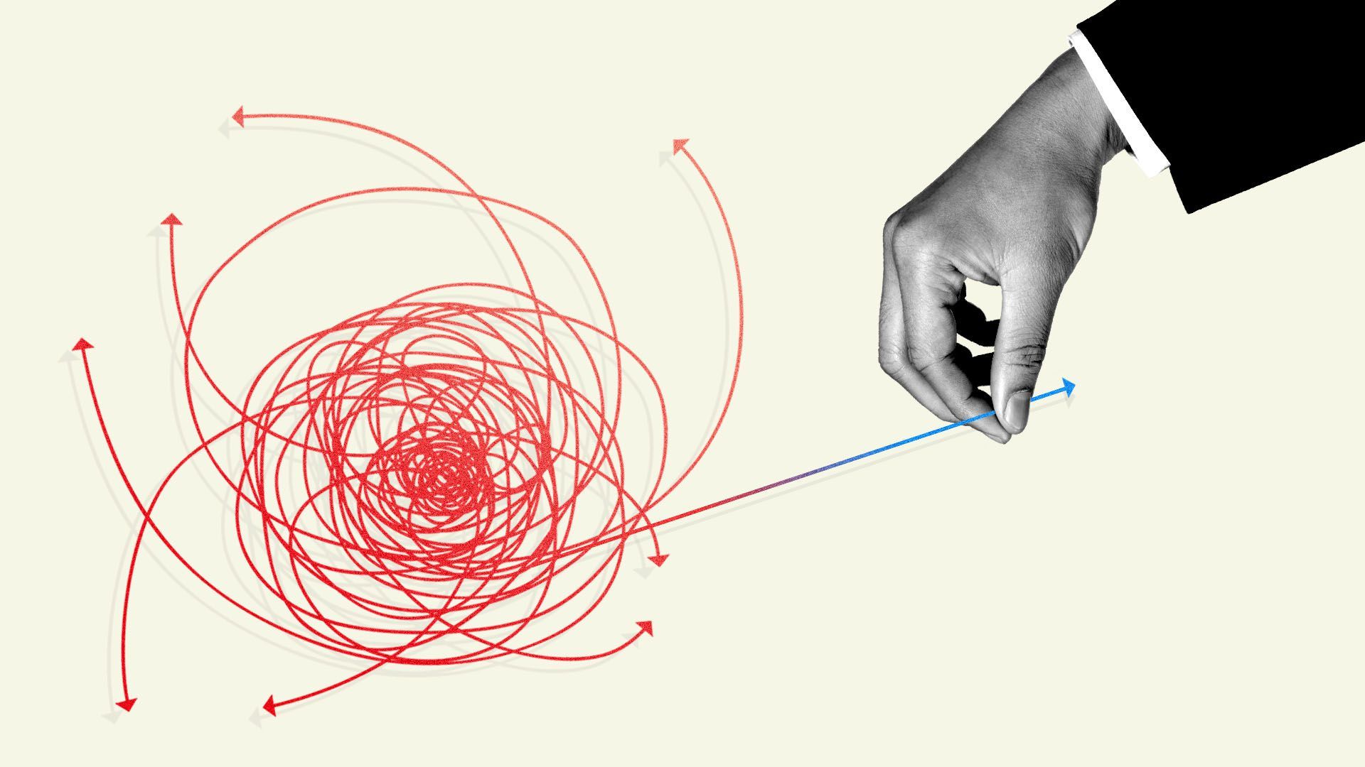 Illustration of hand pulling arrow out of mess of arrows