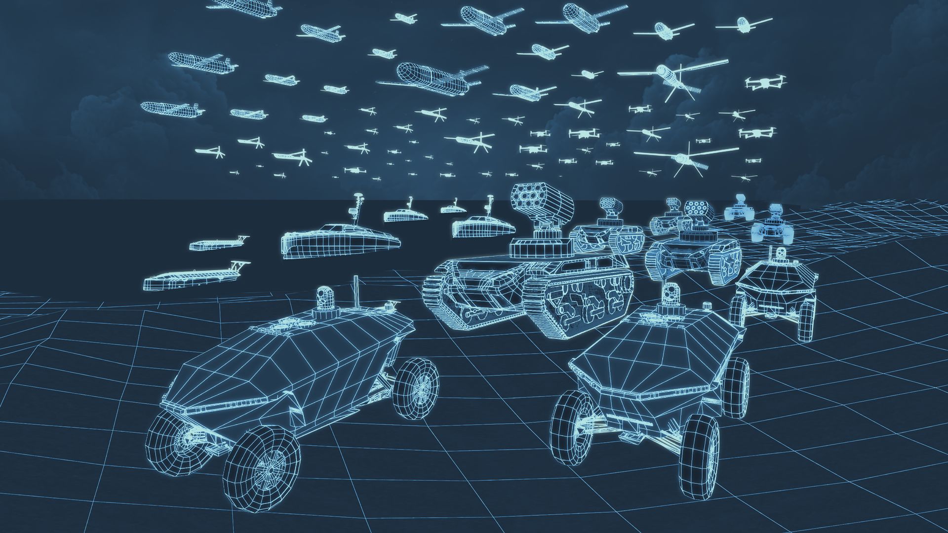 An artist's rendition of a digital battlefield with drones on land, in the the air and on the sea. The image is shades of blue.